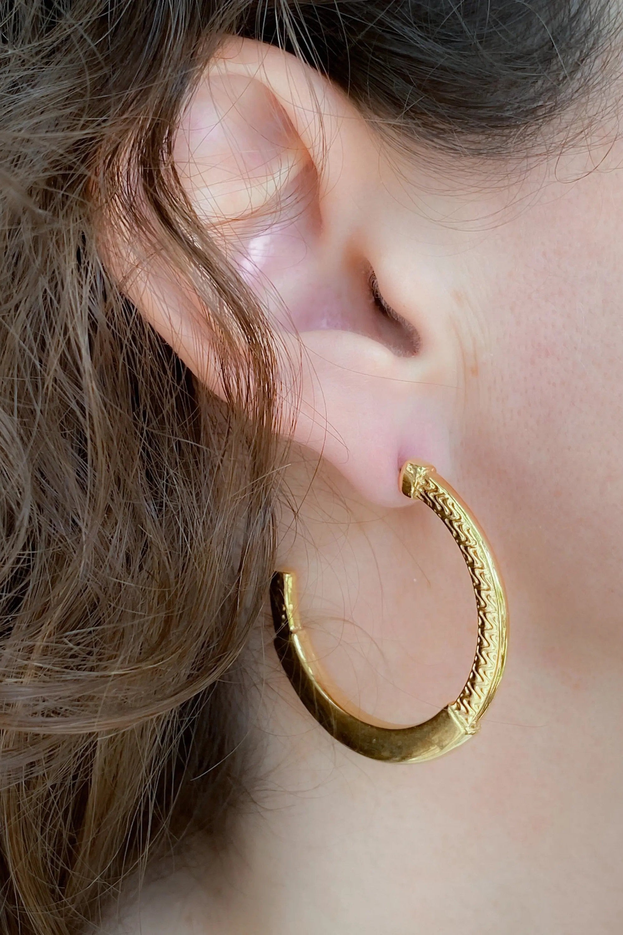 24 k gold filled hoops with tribal pattern, Minimalist hoop earrings, Thick flat hoops, Bohemian Chic Gold Gypsy