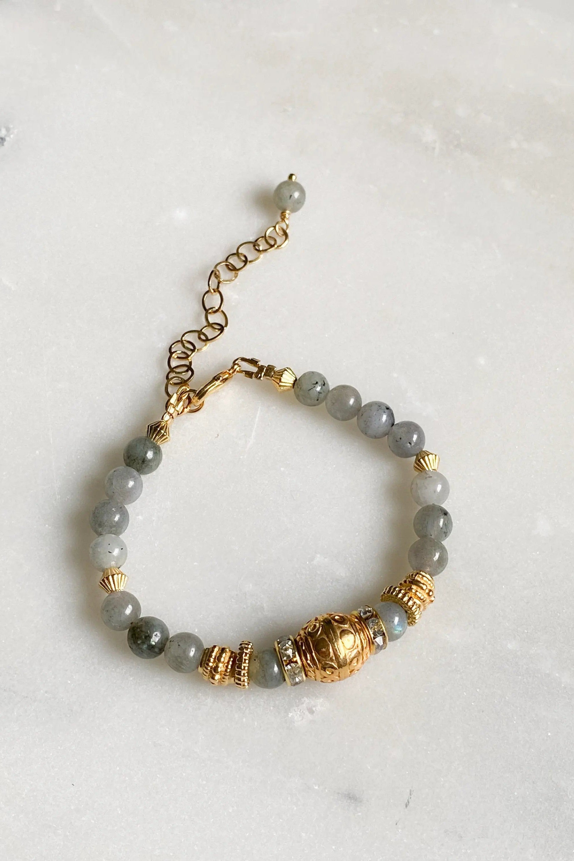 Labradorite beaded bracelet with ethnic gold beads, Statement Heishi Surfers Bracelet, Delicate Boho chic bracelet