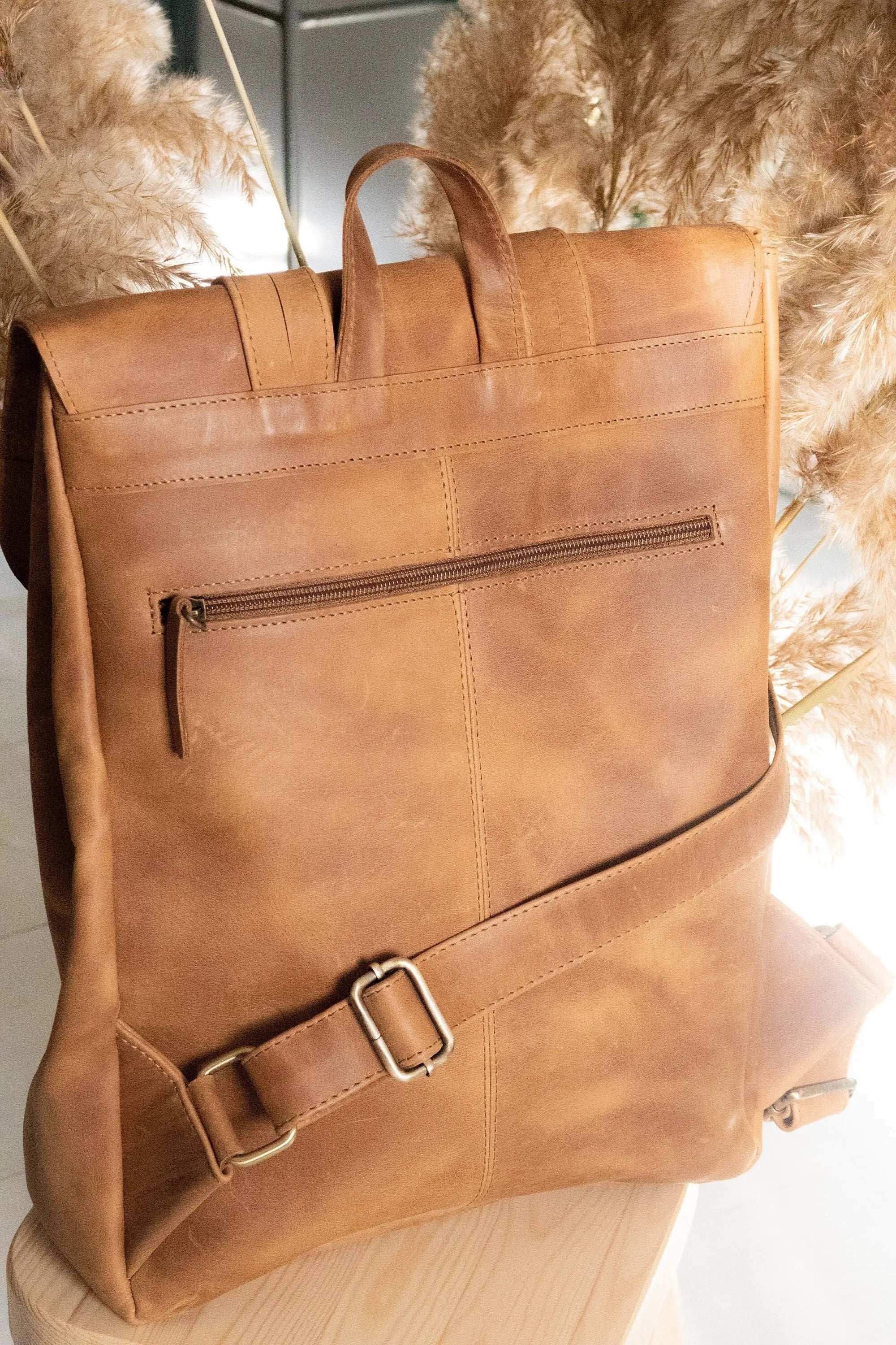 ALKION Mustard, Premium Leather Laptop Backpack, Work and Travel Backpack, Genuine Leather School Rucksack, Brown leather College bag