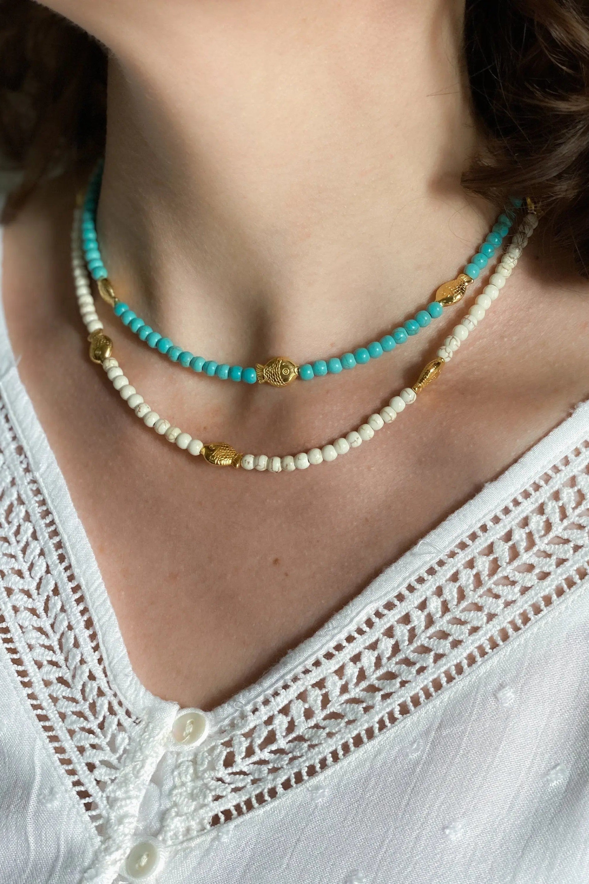 NIREAS Heishi necklace, Surfer Turquoise Necklace, Boho chic White Necklace, Gold fish Necklace, Collier pierres, Gift for her