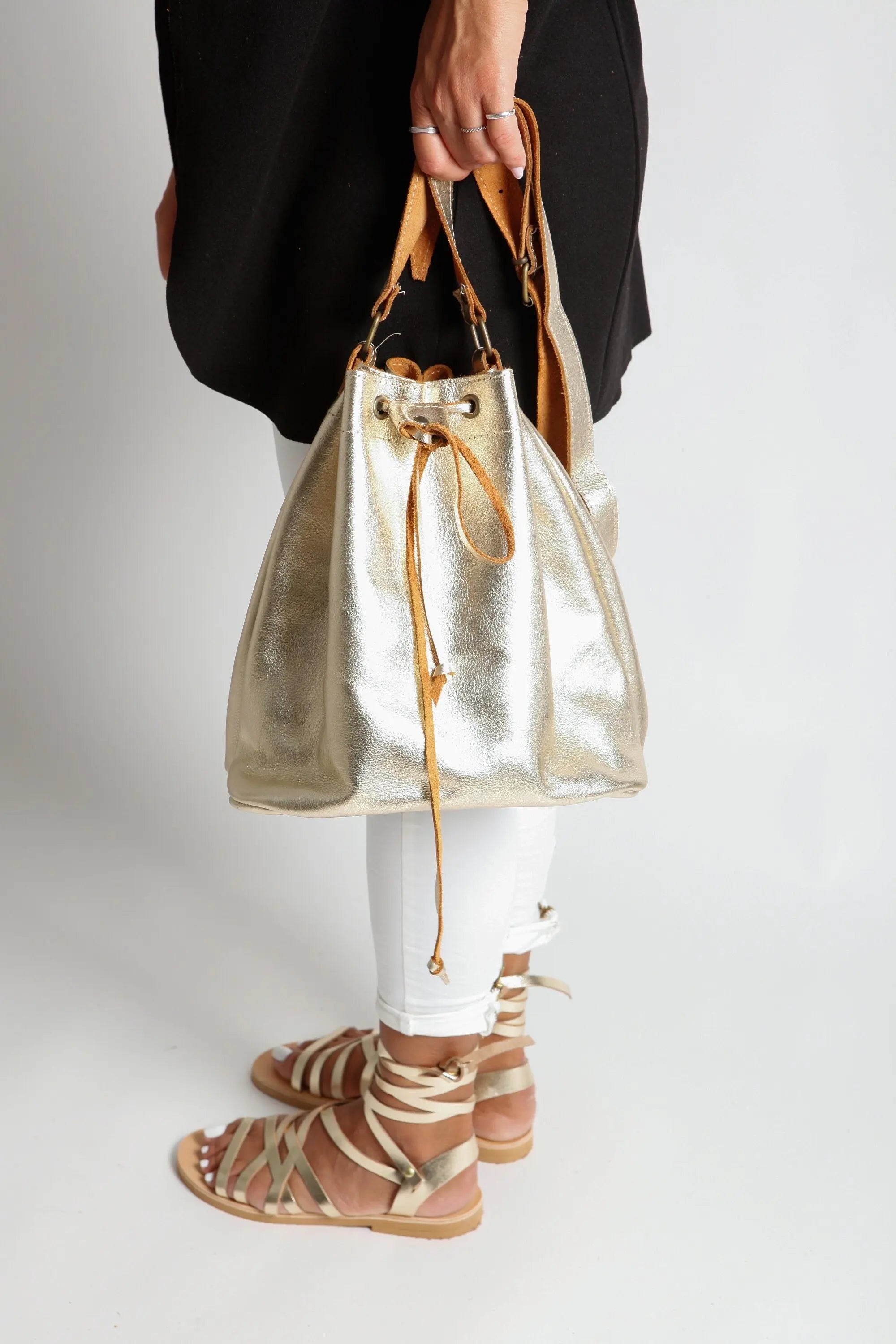 ORPHEO Gold, Crossbody handbag, Boho Leather Bucket Bag, Handtasche leder, Leather Pouch Bag, Mothers day gift Handbag