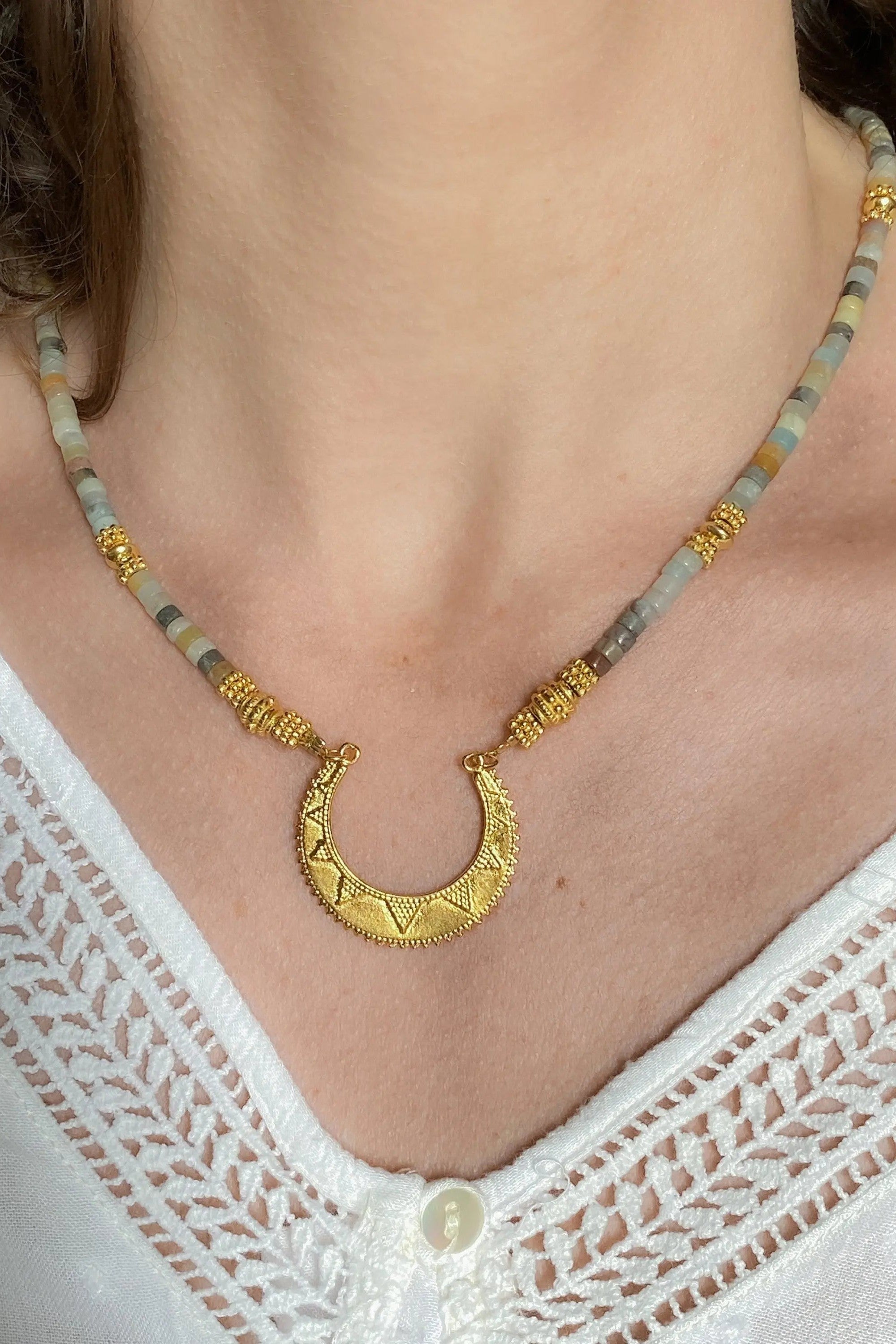ELENI heishi Statement Necklace, Amazonite necklace with gold ancient charm, Boho chic choker necklace, Surfer gems choker, gift for her