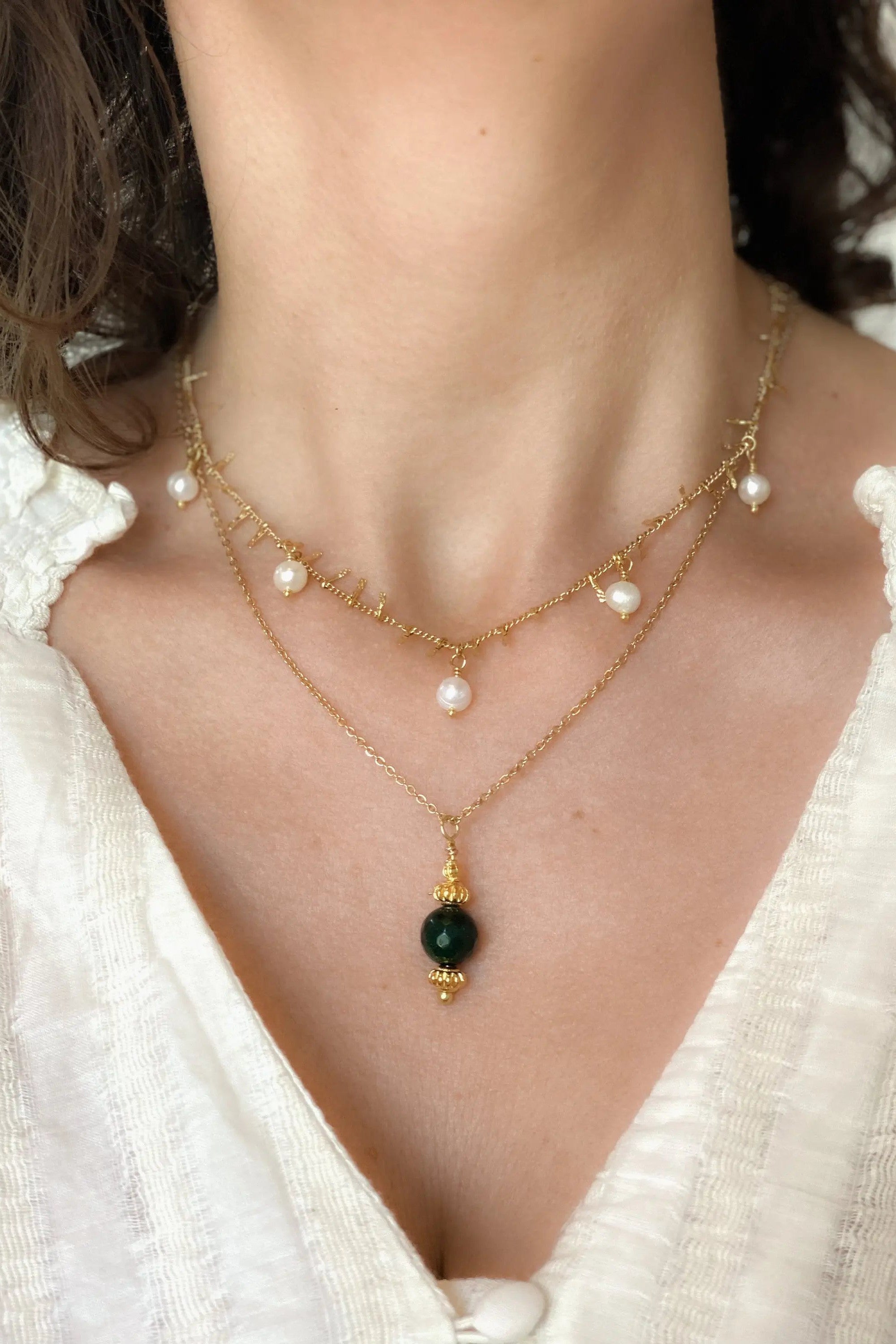 MYRINA Pearl charm pendant, Thin Gold chain necklace with gem charm, Chain with Amazonite, Agate, Dainty boho necklace, Collier pierre femme