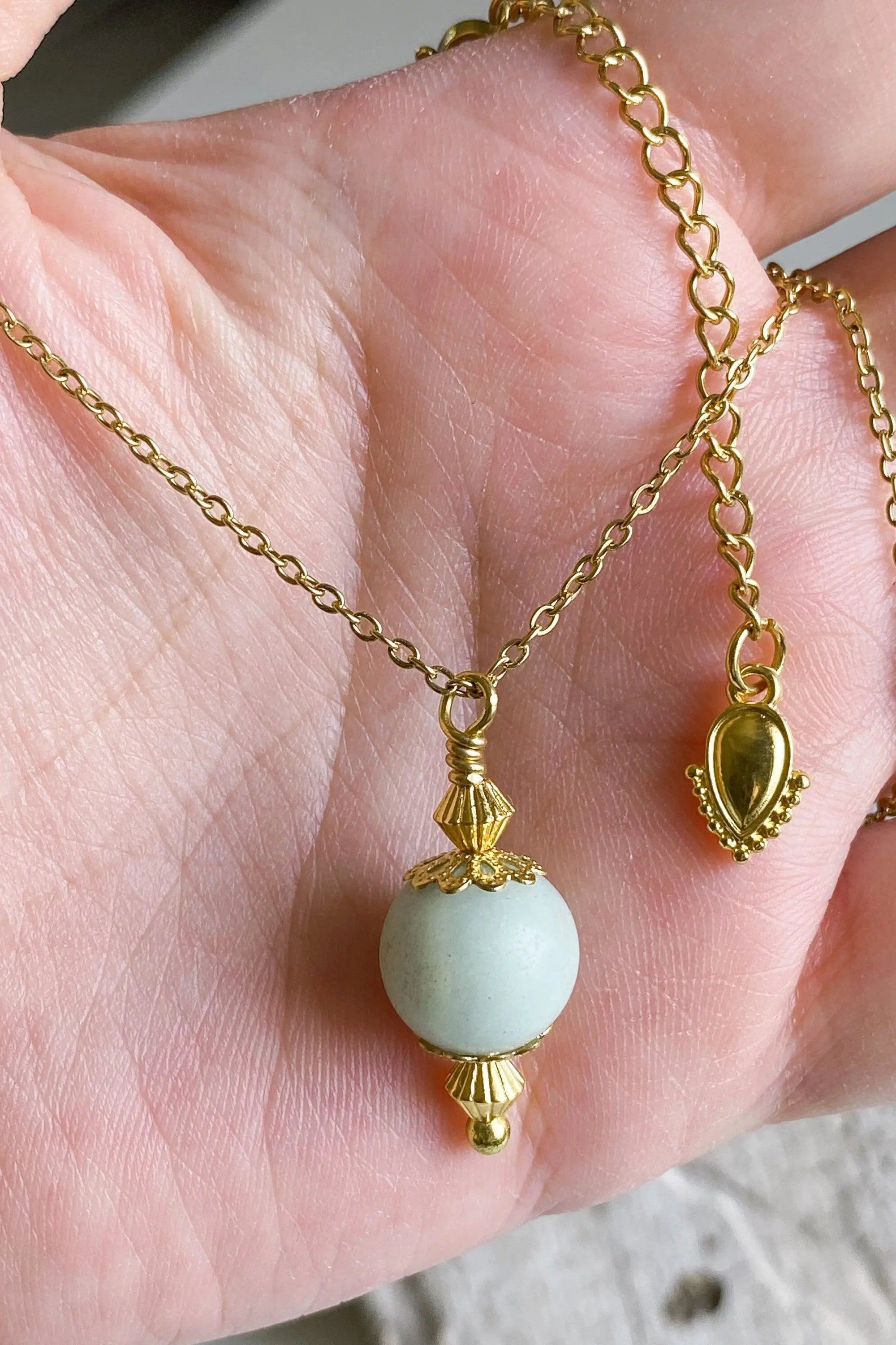 MYRINA Pearl charm pendant, Thin Gold chain necklace with gem charm, Chain with Amazonite, Agate, Dainty boho necklace, Collier pierre femme