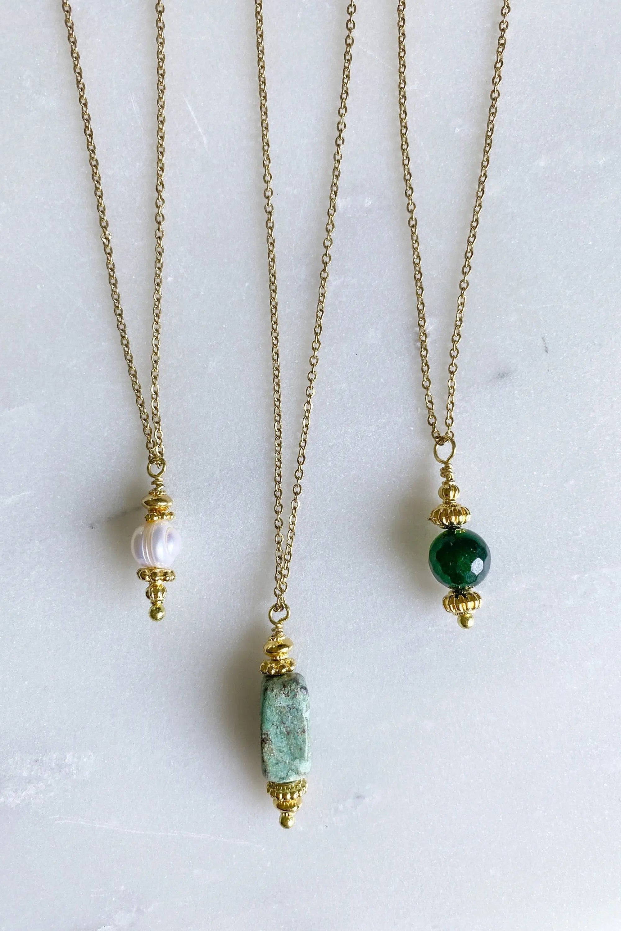 MYRINA Pearl charm pendant, Thin Gold chain necklace with gem charm, Chain with Amazonite, Agate, Dainty boho necklace, Collier pierre femme