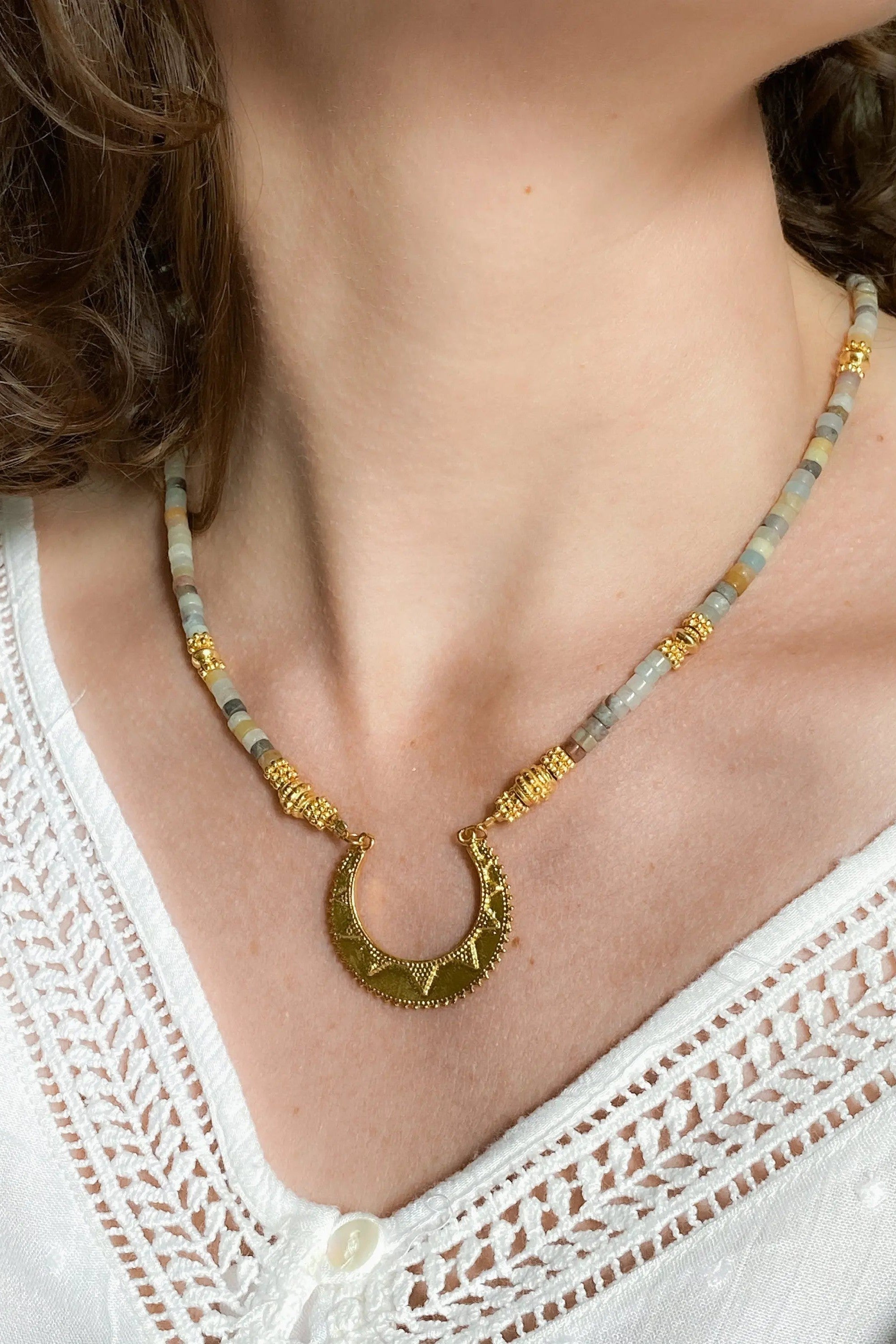 ELENI heishi Statement Necklace, Amazonite necklace with gold ancient charm, Boho chic choker necklace, Surfer gems choker, gift for her