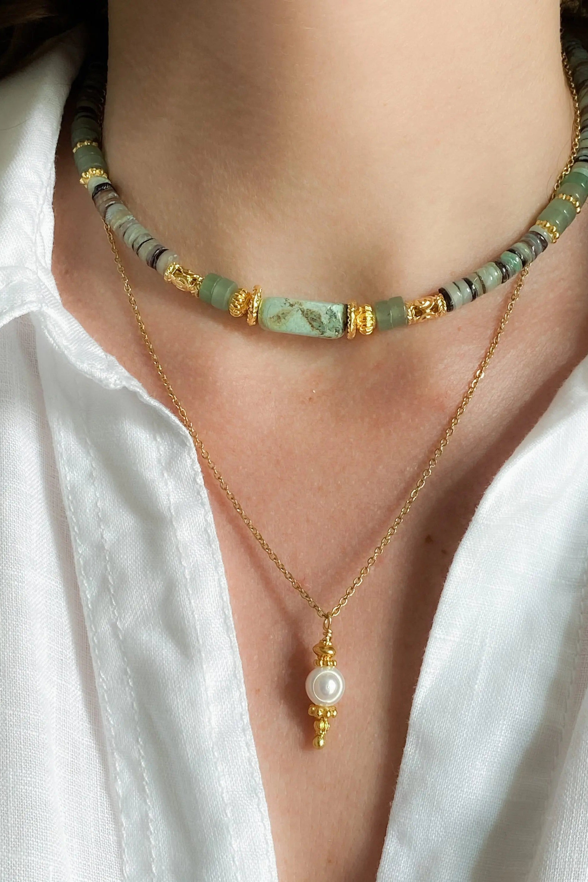MYRINA Pearl charm pendant, Thin Gold chain necklace with gem charm, Chain with Amazonite, Agate, Dainty boho necklace, Collier pierre femme