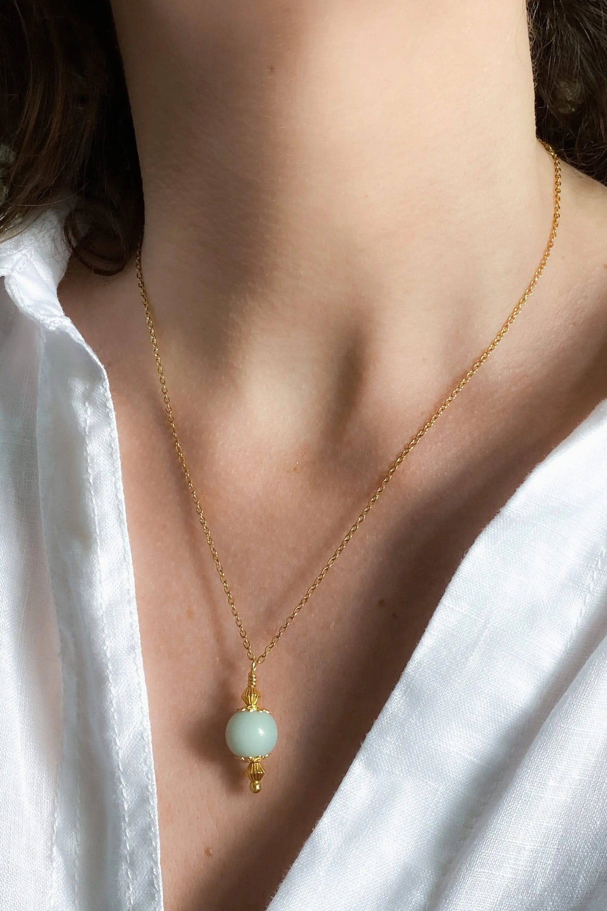 MYRINA Pearl charm pendant, Thin Gold chain necklace with gem charm, Chain with Amazonite, Agate, Dainty boho necklace, Collier pierre femme