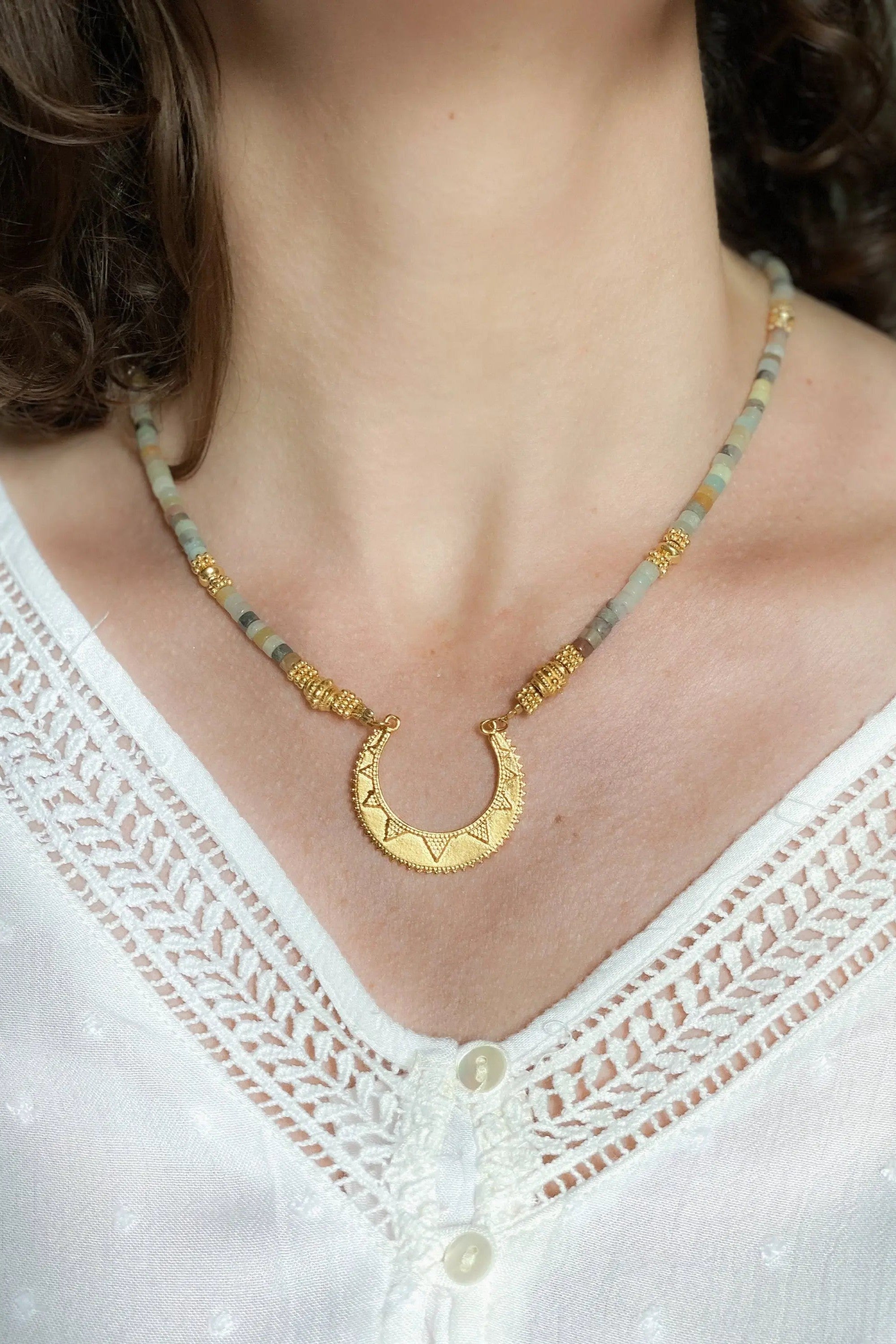 ELENI heishi Statement Necklace, Amazonite necklace with gold ancient charm, Boho chic choker necklace, Surfer gems choker, gift for her