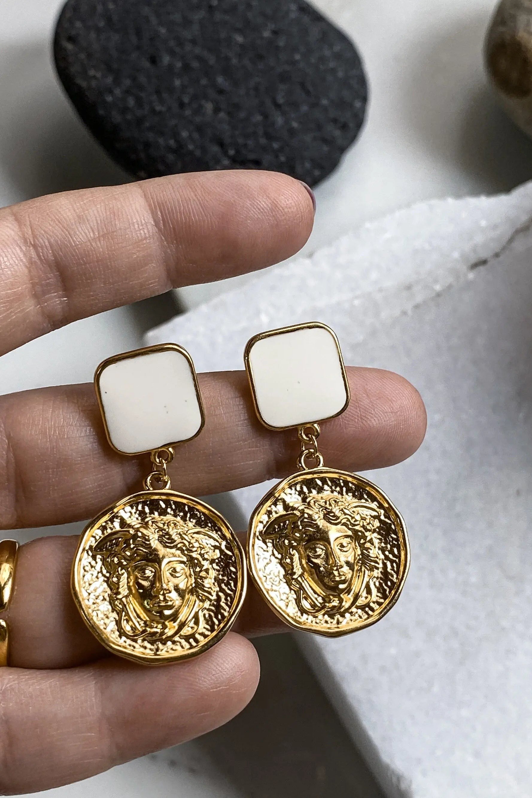 MEDUSA Gold Coin Earrings, Statement Boho chic Earrings, Chunky Gypsy earrings, Ancient Greek Style Earrings