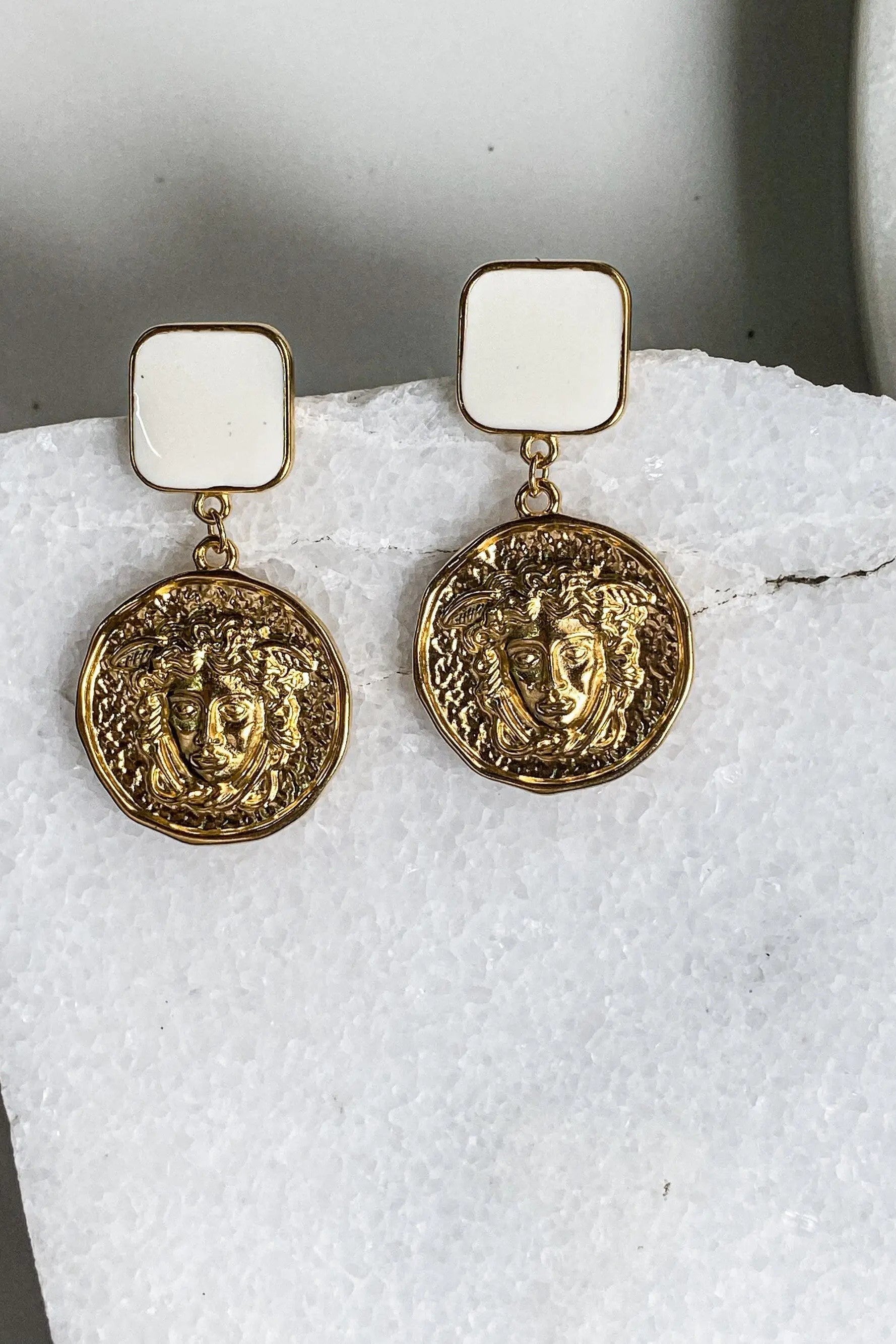 MEDUSA Gold Coin Earrings, Statement Boho chic Earrings, Chunky Gypsy earrings, Ancient Greek Style Earrings