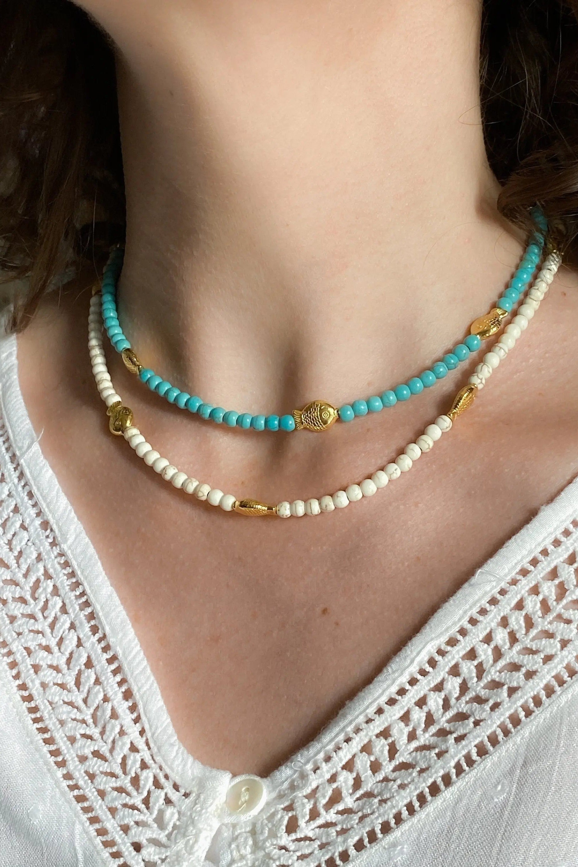 NIREAS Heishi necklace, Surfer Turquoise Necklace, Boho chic White Necklace, Gold fish Necklace, Collier pierres, Gift for her