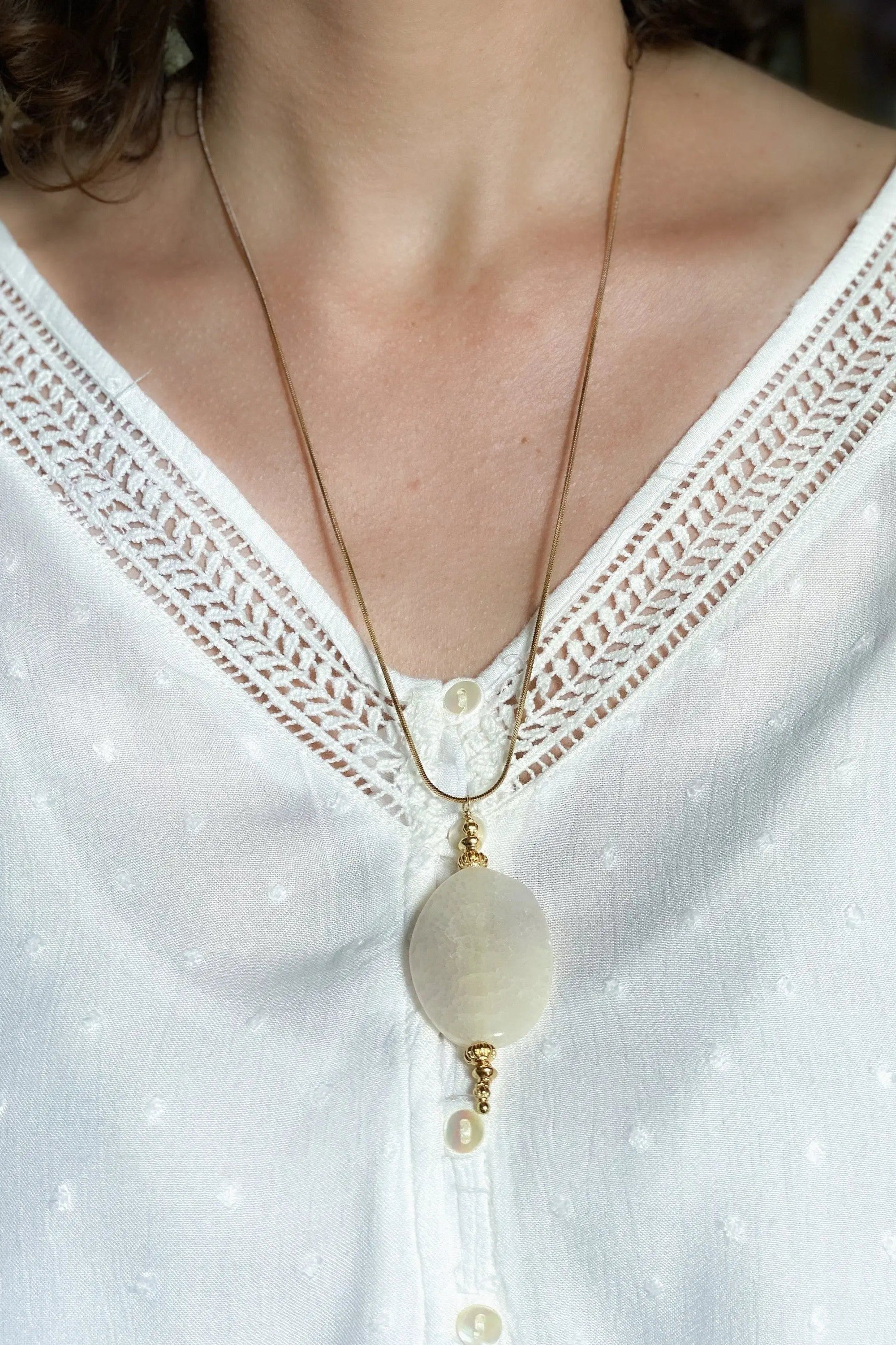 Minimalist Agate Stone Necklace , Boho Gold necklace with white gem pendant, Statement agate necklace, graduation gift, LEFKI