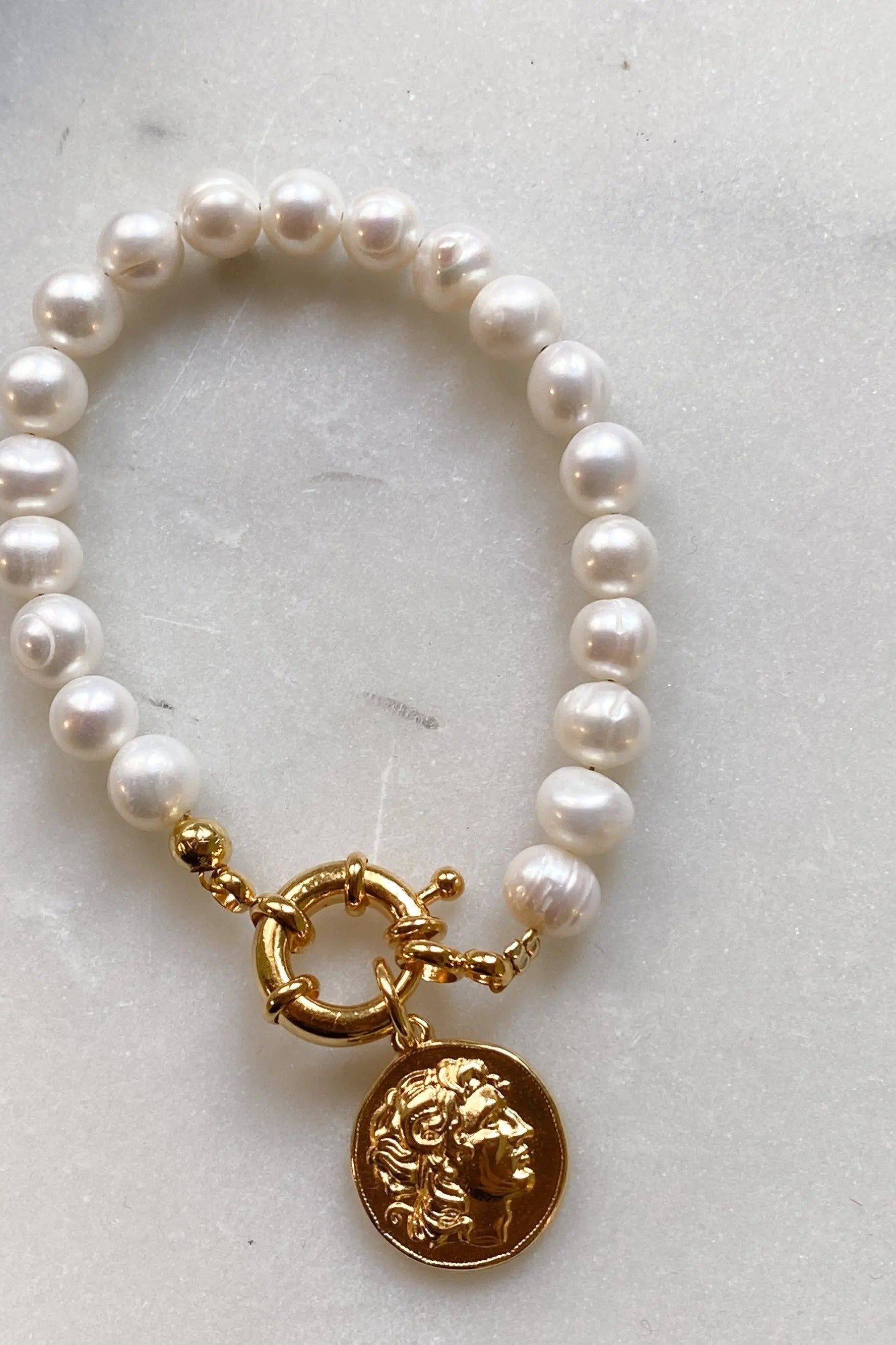 ALEXANDER charm bracelet, Gold Coin pearls bracelet, Statement big pearls bracelet, Greek Coin bracelet, Vintage style pearls bracelet