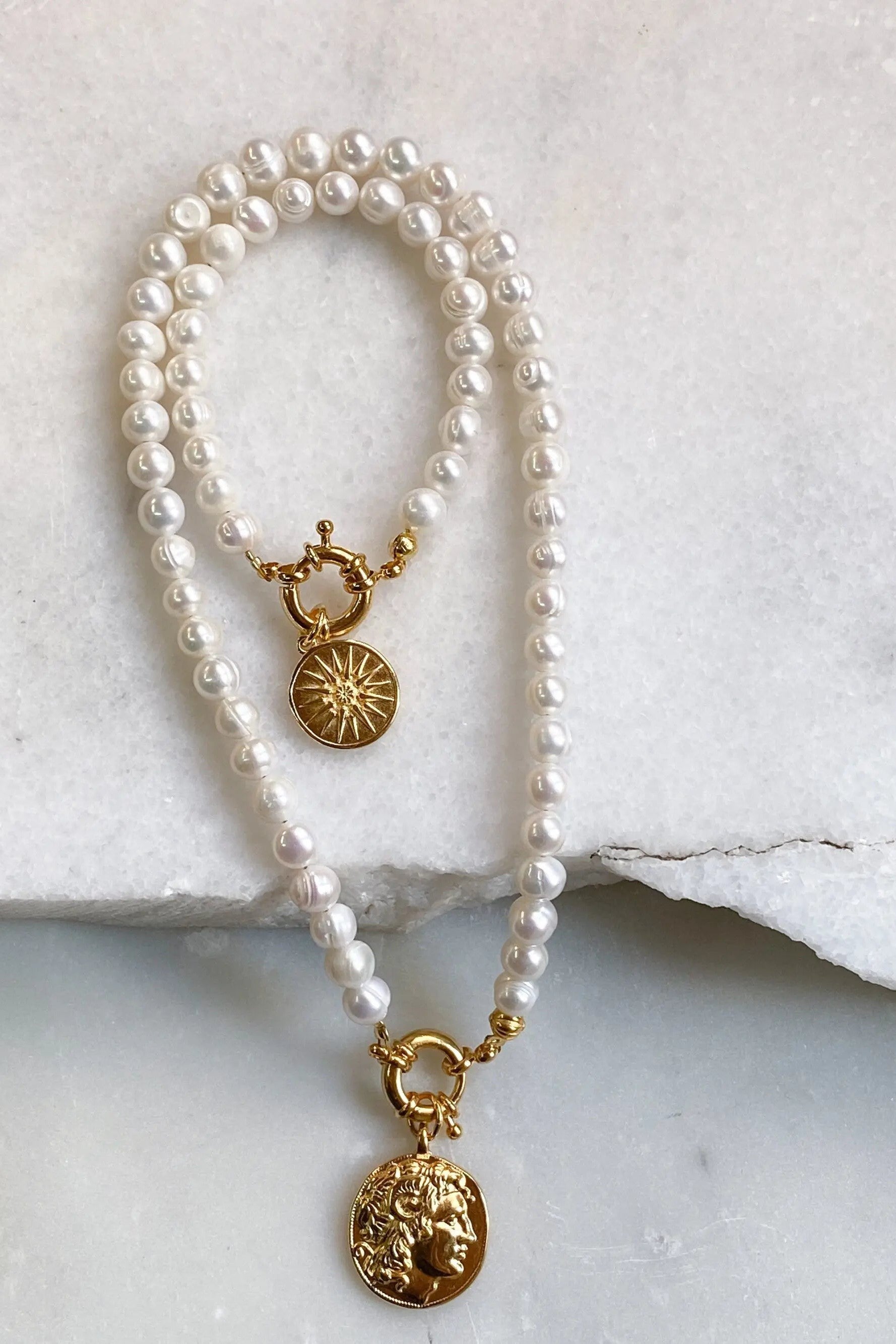 ALEXANDER charm bracelet, Gold Coin pearls bracelet, Statement big pearls bracelet, Greek Coin bracelet, Vintage style pearls bracelet