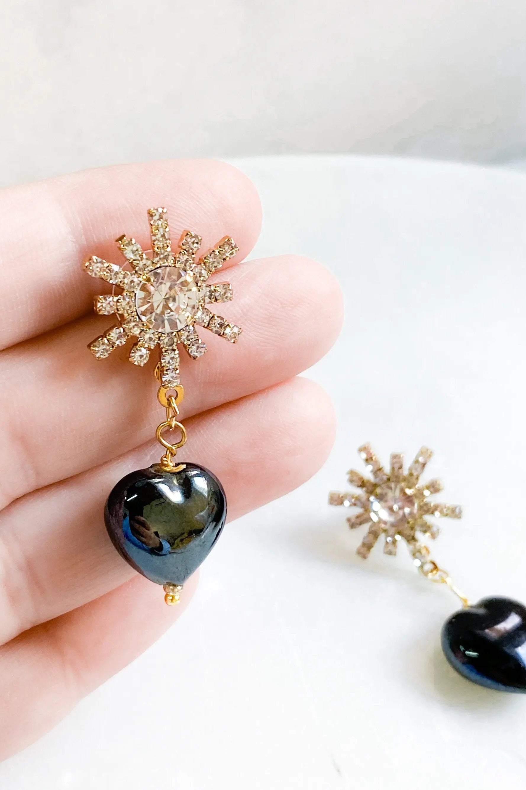 BLACK crystal Heart Earrings, Puffy chunky hearts, Statement crystal star earrings, Big heart earrings of vintage style,Saint Valentine Gift