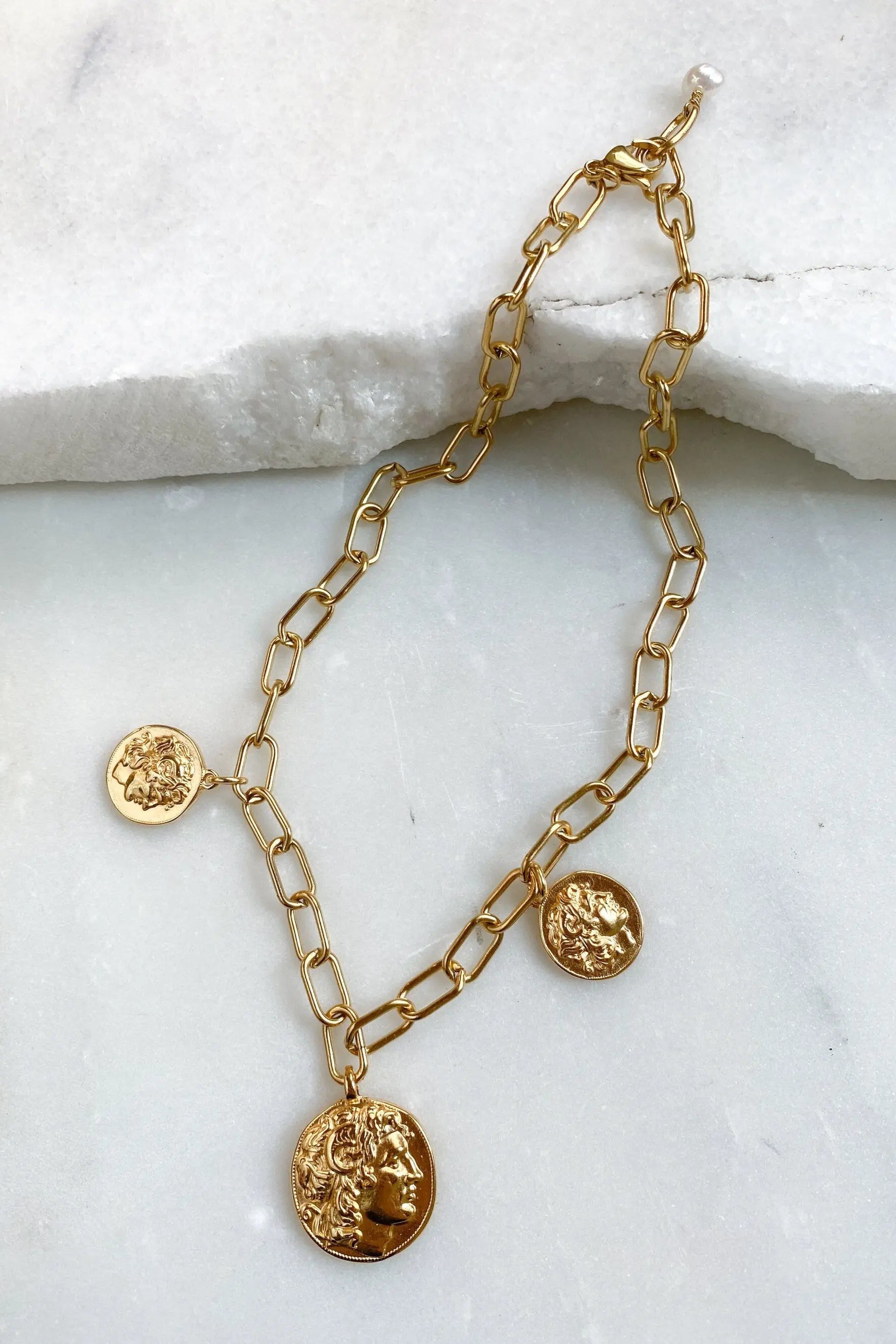ALEXANDER charm bracelet, Big Gold Coin bracelet, Statement Thick chain bracelet, Chunky Greek Coin Medaillon, Vintage style bracelet