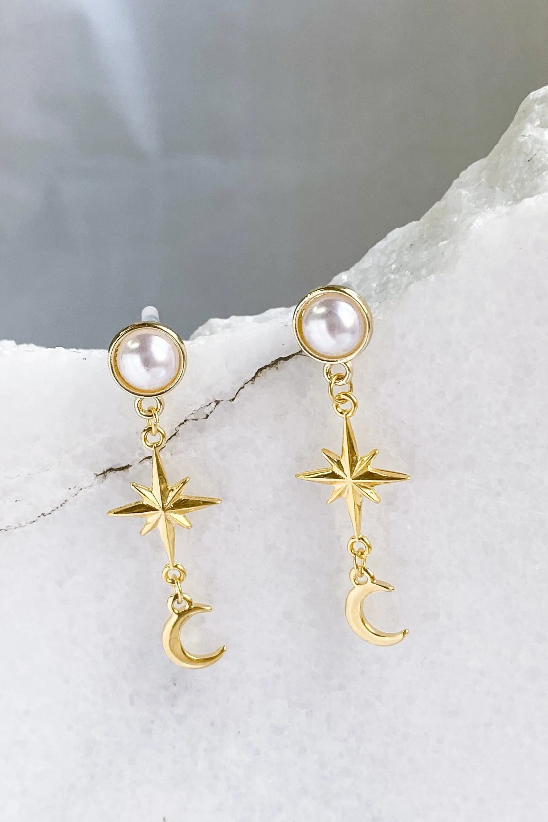 Gold celestial Earrings, Moon & star long drop earrings, Dainty crescent moon earrings, Pearl Stud and drop Earrings, Christmas Earrings