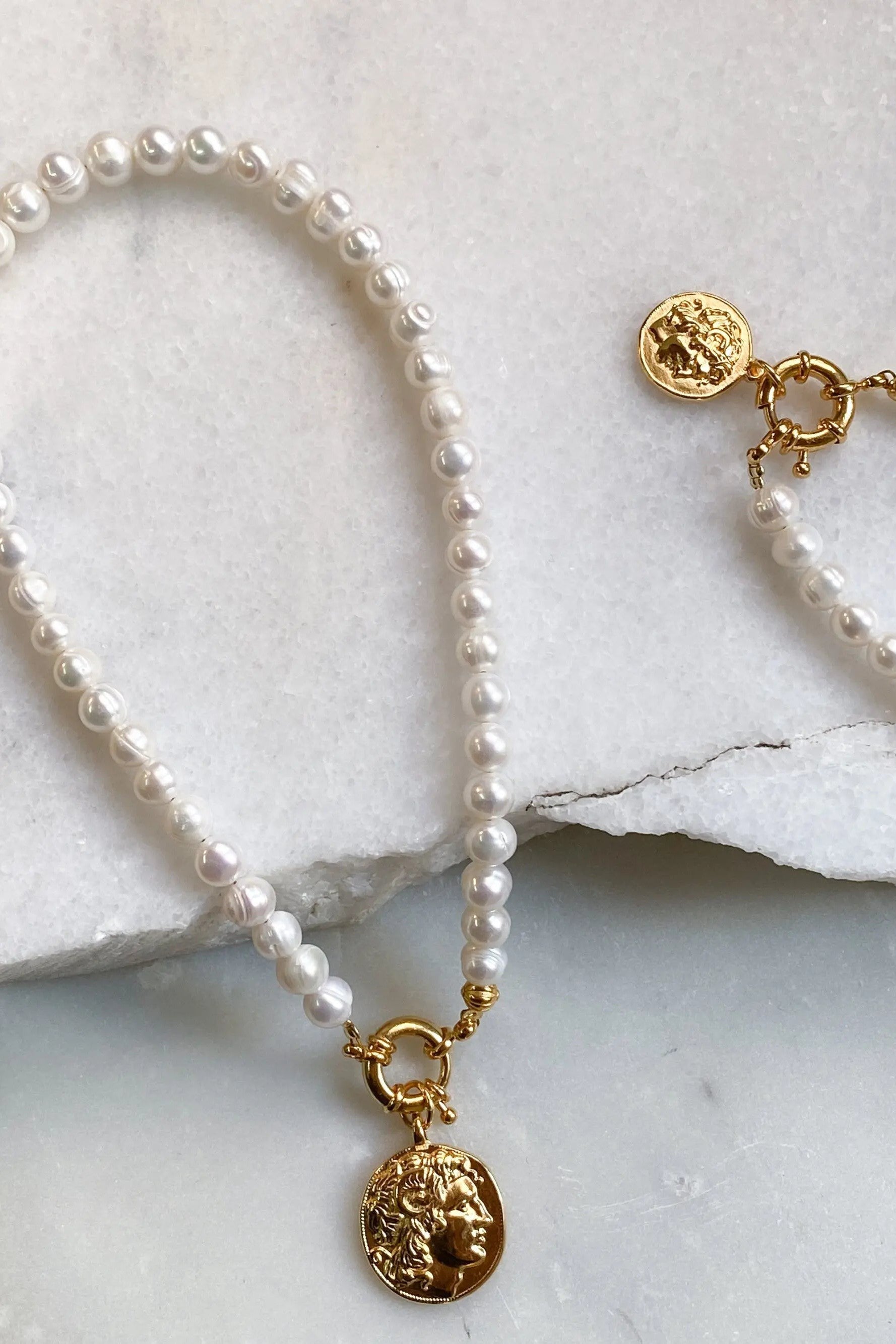 ALEXANDER charm bracelet, Gold Coin pearls bracelet, Statement big pearls bracelet, Greek Coin bracelet, Vintage style pearls bracelet