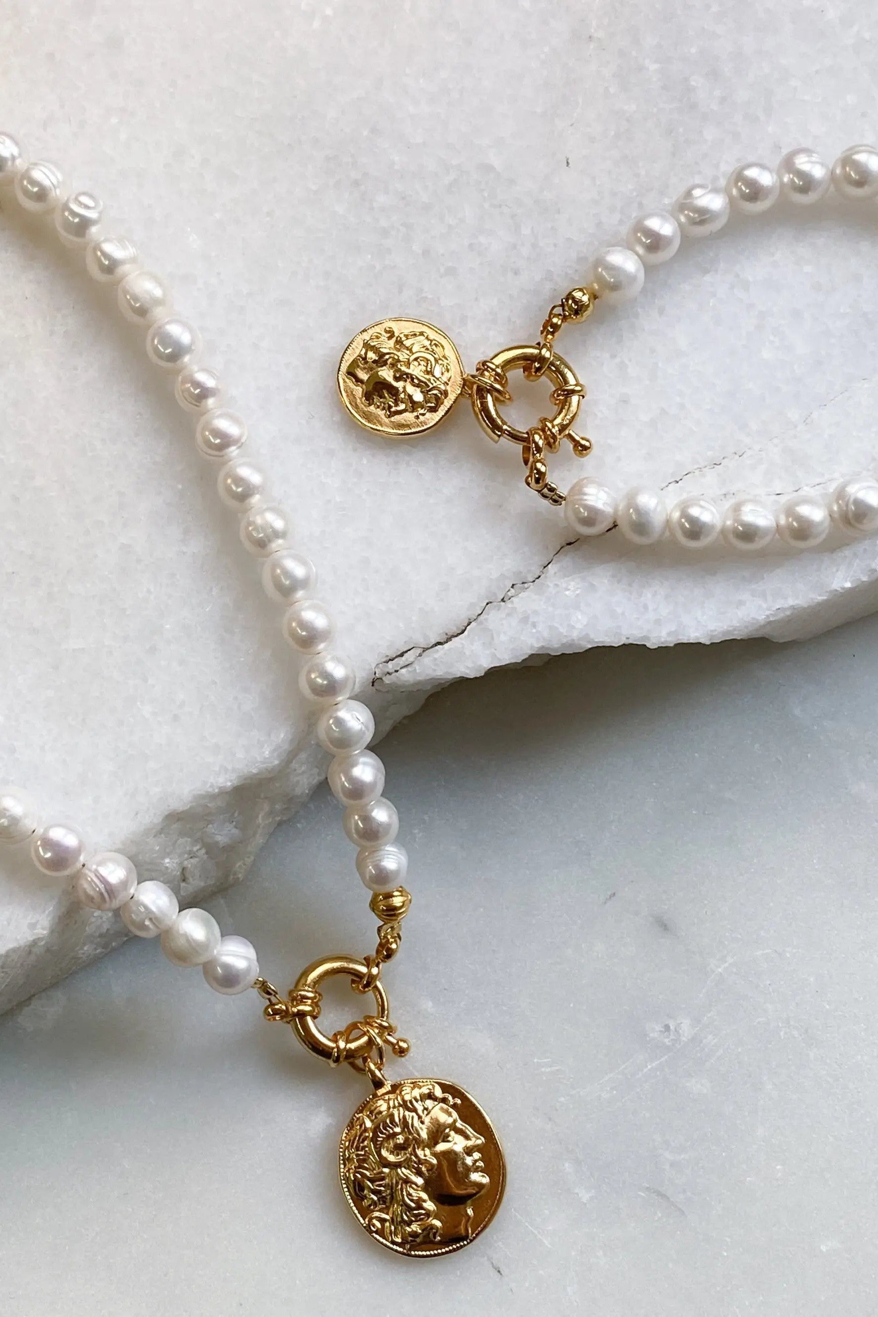 ALEXANDER charm bracelet, Gold Coin pearls bracelet, Statement big pearls bracelet, Greek Coin bracelet, Vintage style pearls bracelet