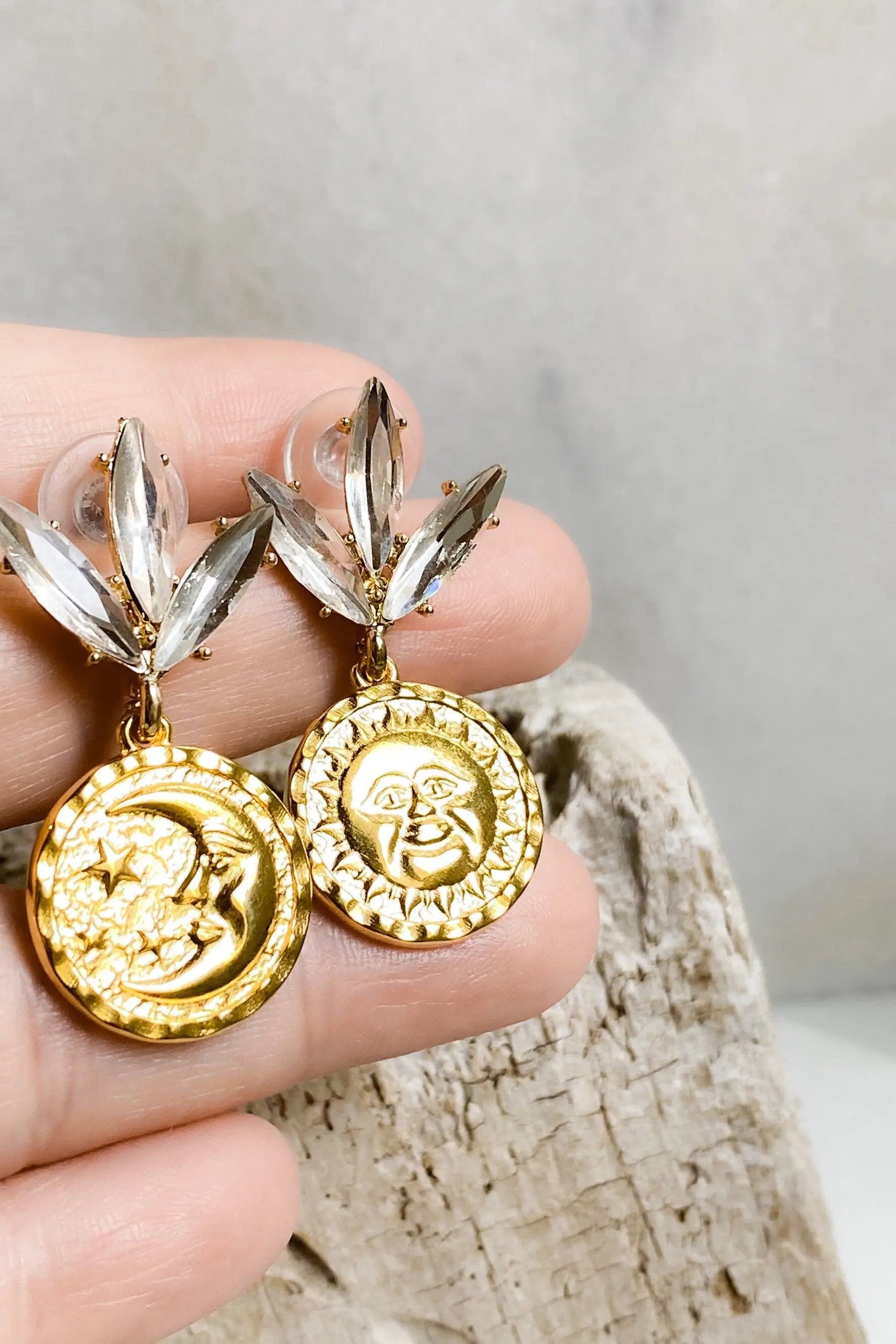 Gold Coin drop Earrings, Sun Moon coin charm earrings, Celestial Earrings with crystal flower, Leaf Earrings, Christmas earrings,Y2K jewelry