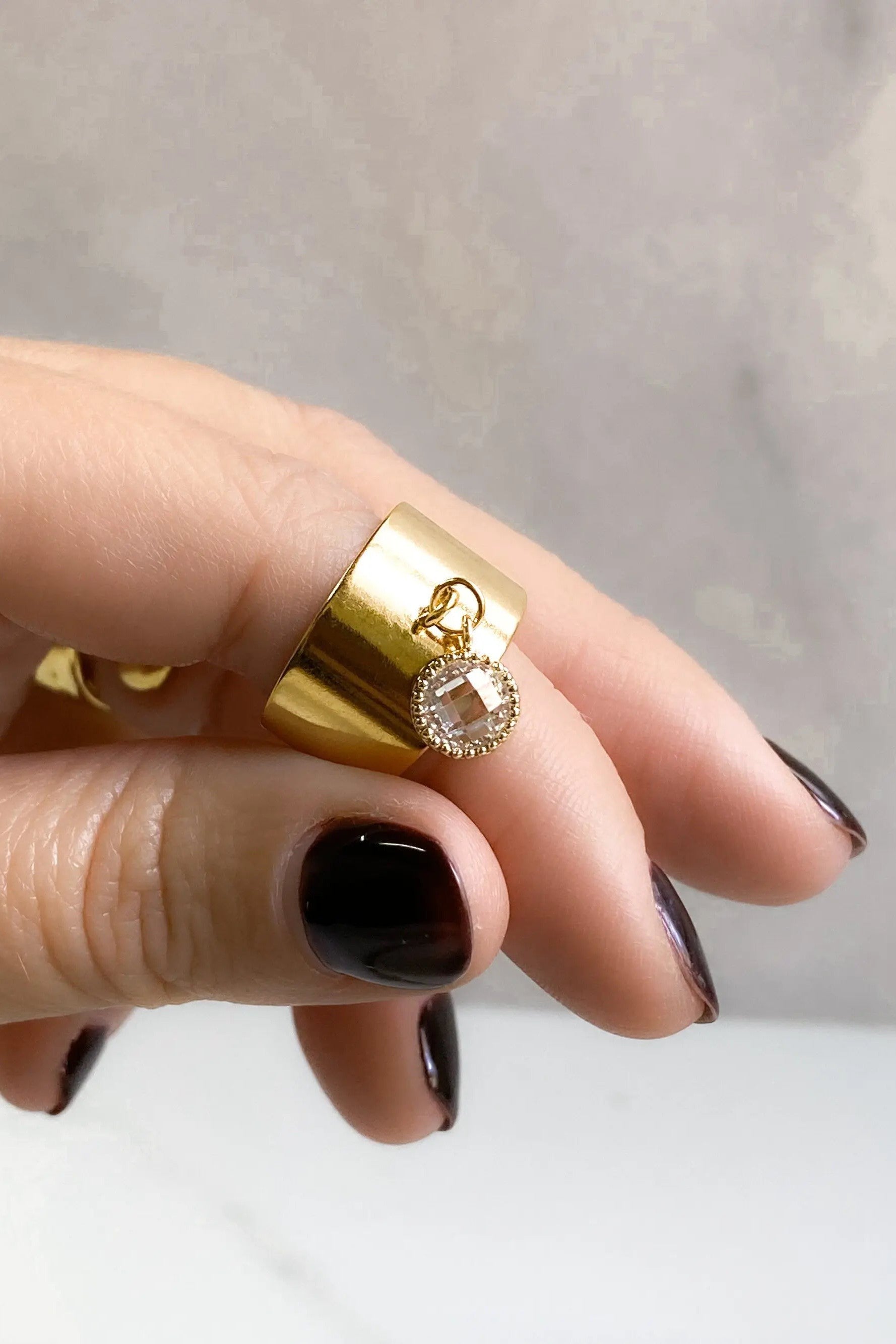 Wide flat band ring with zircon diamond charm, Statement engagement ring, Gold adjustable ring, Gold plated ring for women, Winter Jewelry