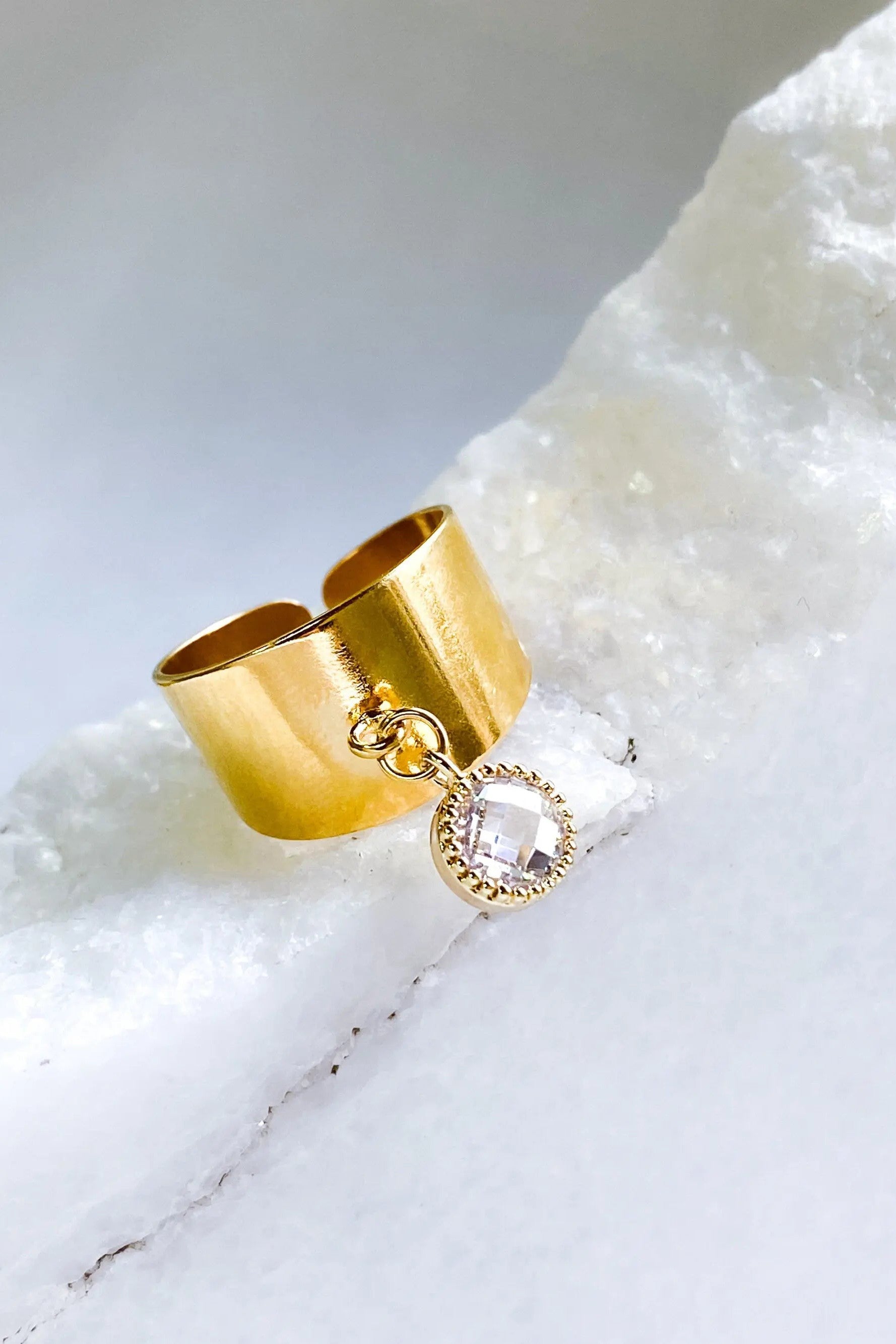 Wide flat band ring with zircon diamond charm, Statement engagement ring, Gold adjustable ring, Gold plated ring for women, Winter Jewelry