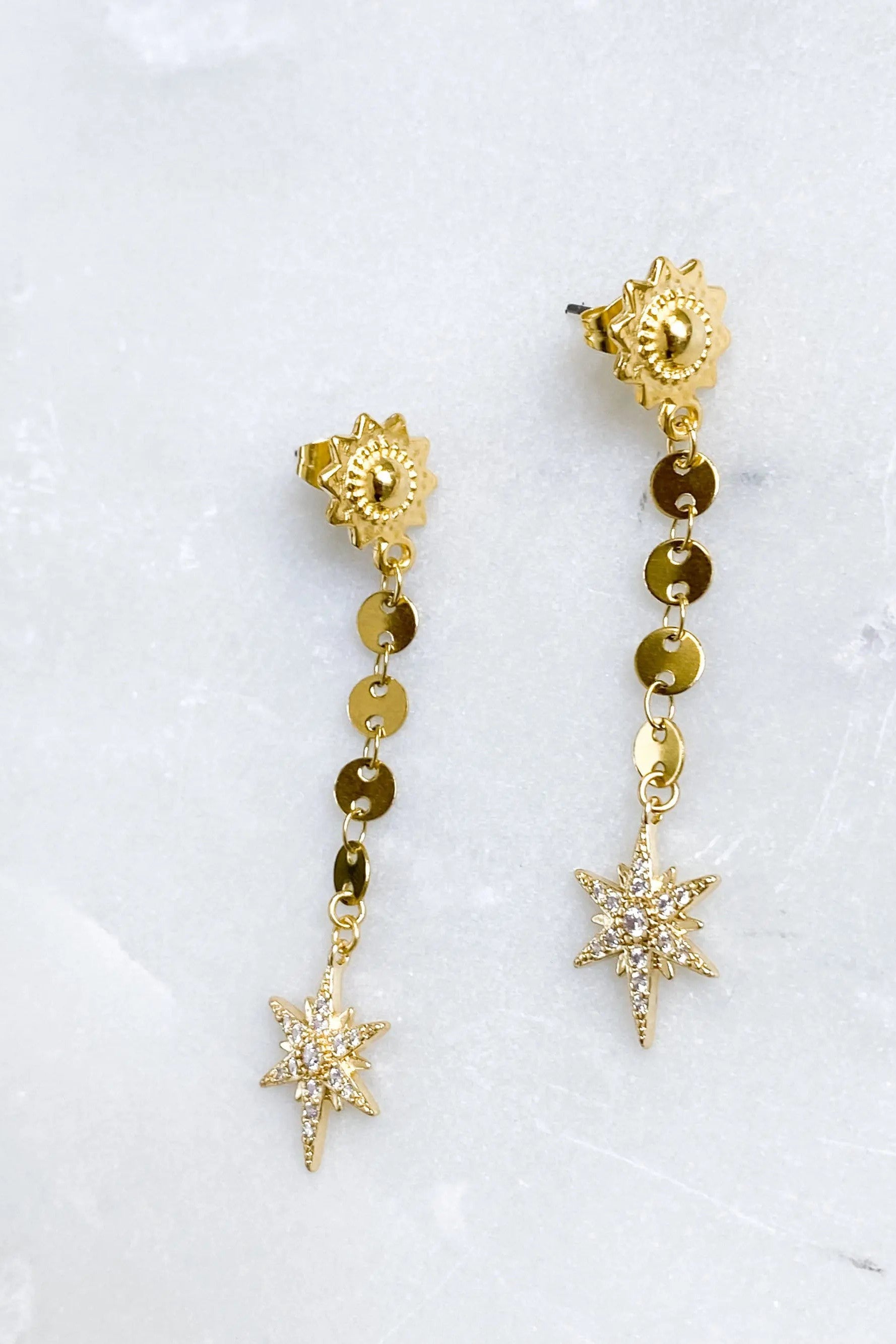 Cz NORTH STAR Chain Earrings, Star Drop Earrings, Starburst Zircon earrings, Long Celestial Earrings, Gold dangle earrings, Gift for her