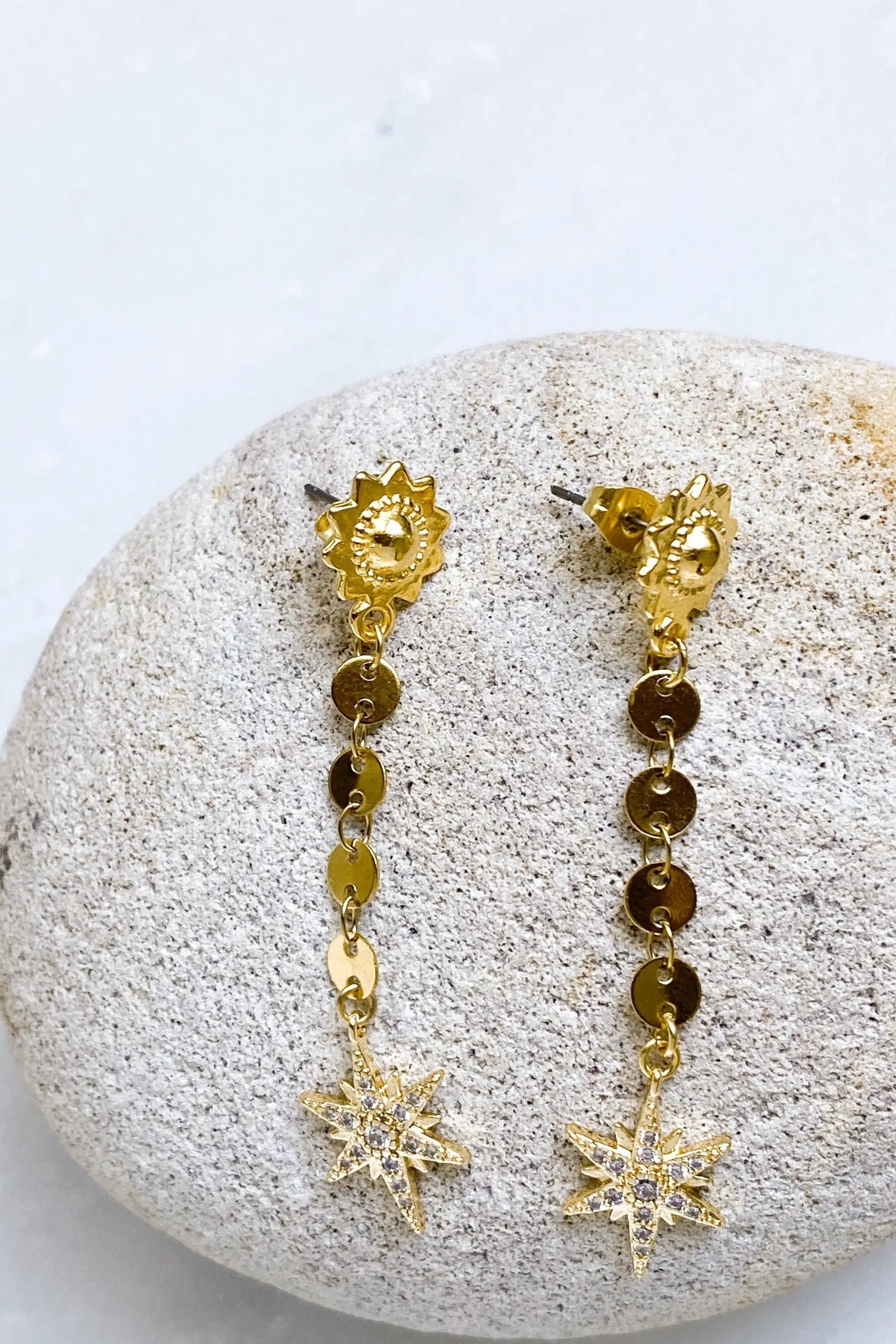 Cz NORTH STAR Chain Earrings, Star Drop Earrings, Starburst Zircon earrings, Long Celestial Earrings, Gold dangle earrings, Gift for her