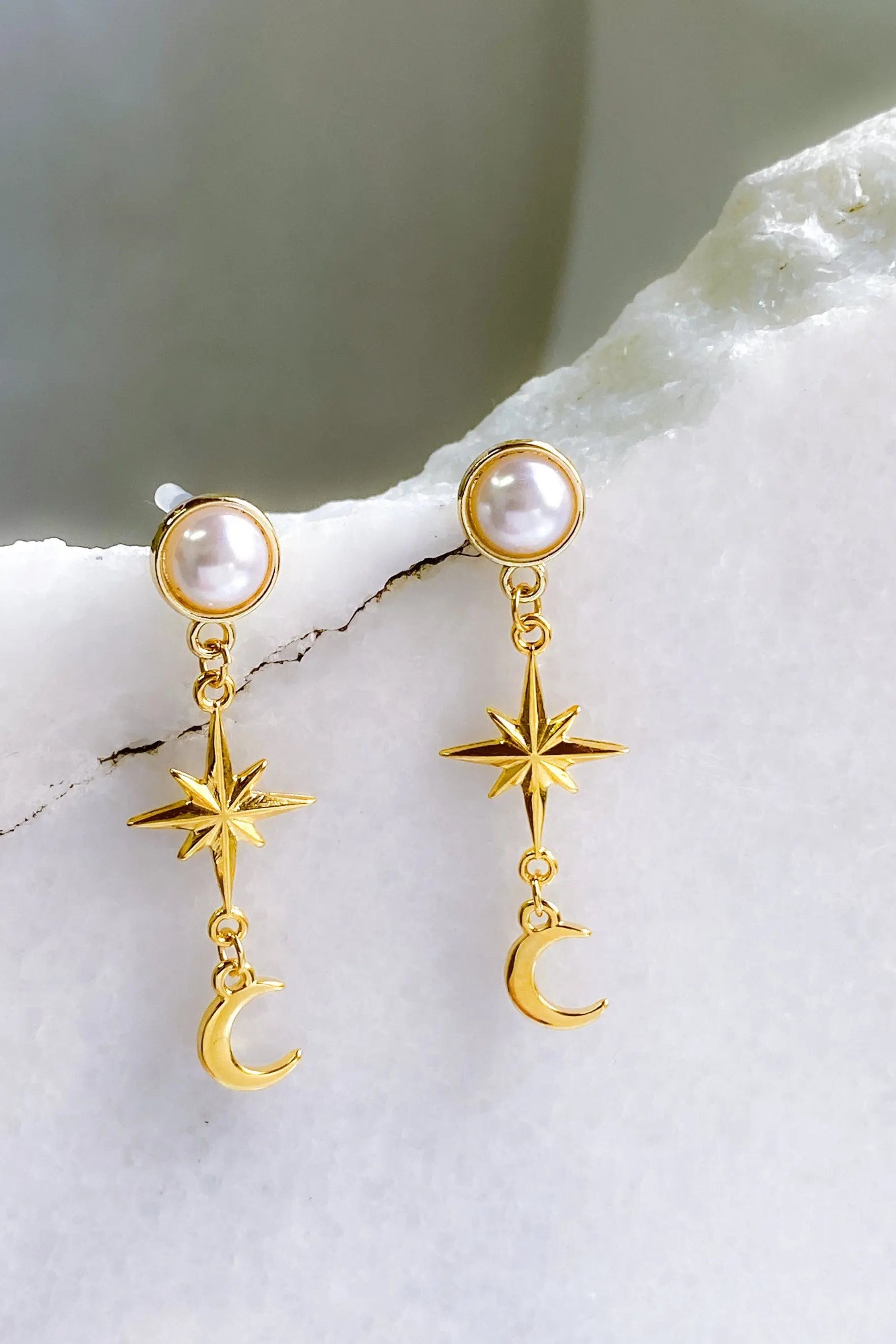 Gold celestial Earrings, Moon & star long drop earrings, Dainty crescent moon earrings, Pearl Stud and drop Earrings, Christmas Earrings