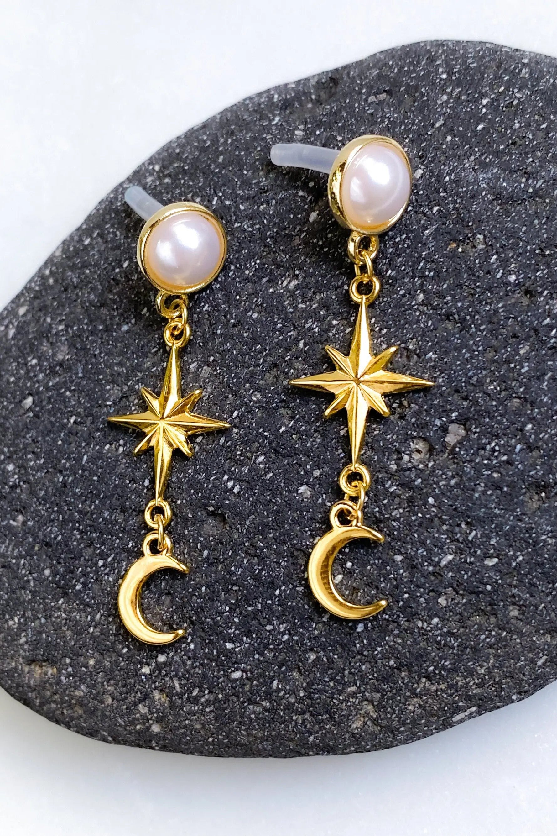 Gold celestial Earrings, Moon & star long drop earrings, Dainty crescent moon earrings, Pearl Stud and drop Earrings, Christmas Earrings