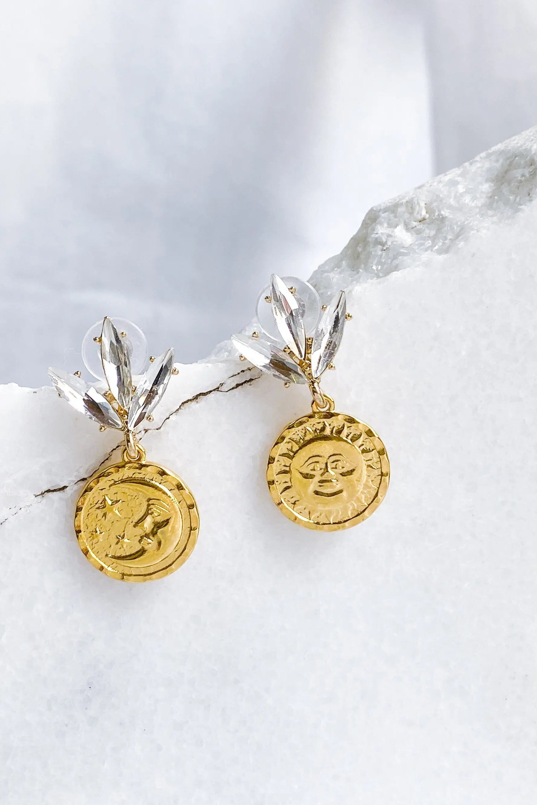Gold Coin drop Earrings, Sun Moon coin charm earrings, Celestial Earrings with crystal flower, Leaf Earrings, Christmas earrings,Y2K jewelry