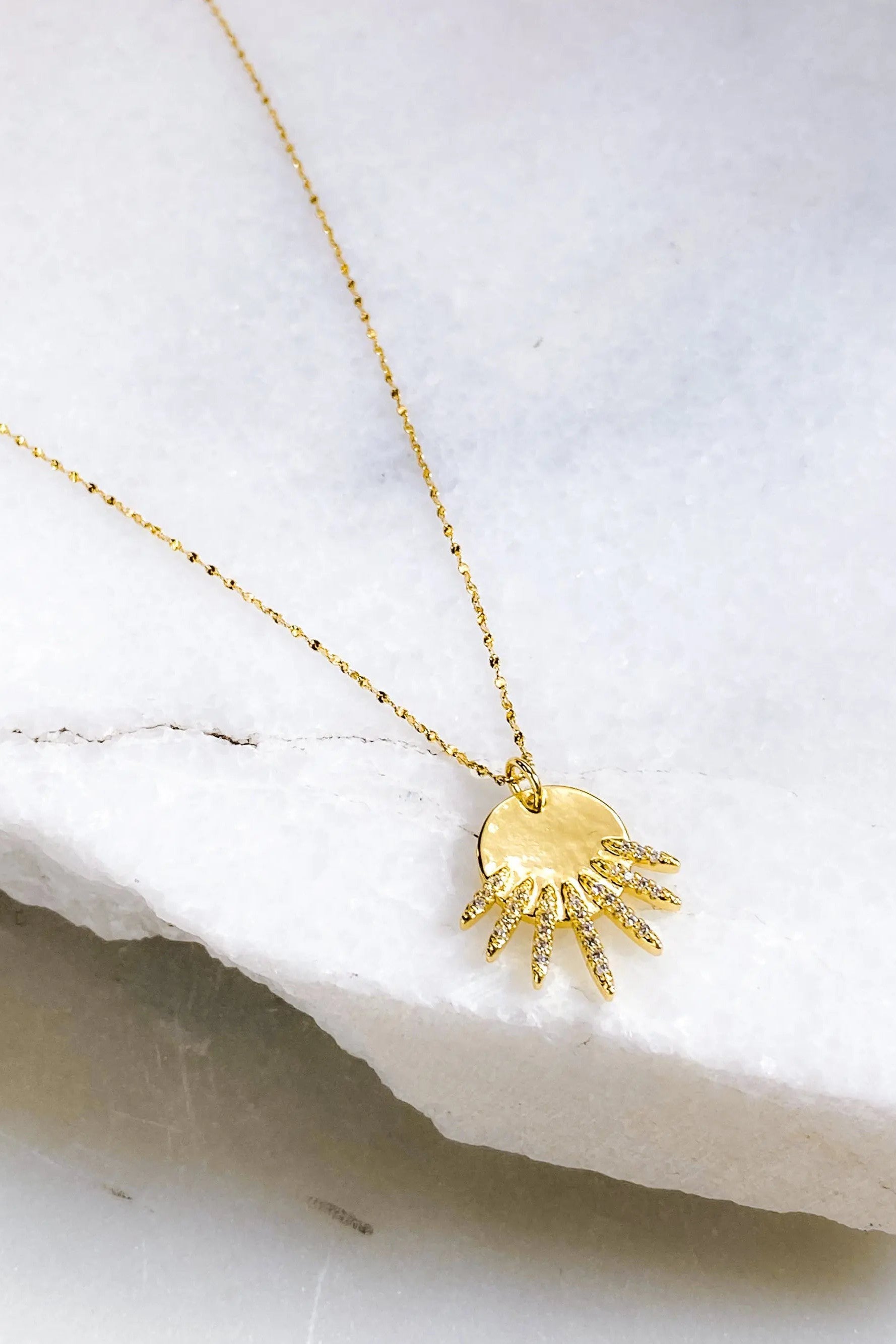 Gold Sunburst necklace, Dainty Sunshine necklace, Zircon Sun Medallion, Thin chain Necklace, Sun rays charm, Minimalist Sun Necklace