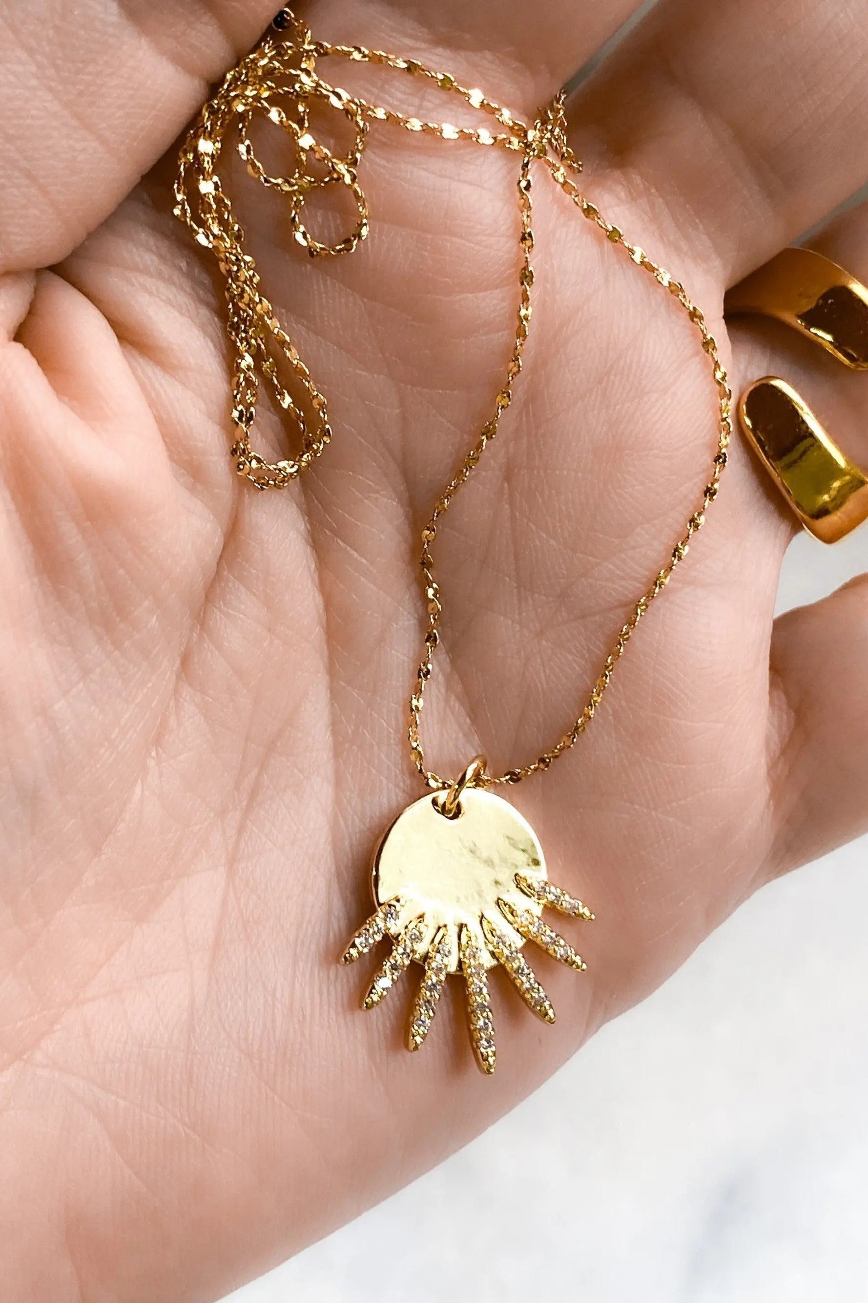Gold Sunburst necklace, Dainty Sunshine necklace, Zircon Sun Medallion, Thin chain Necklace, Sun rays charm, Minimalist Sun Necklace