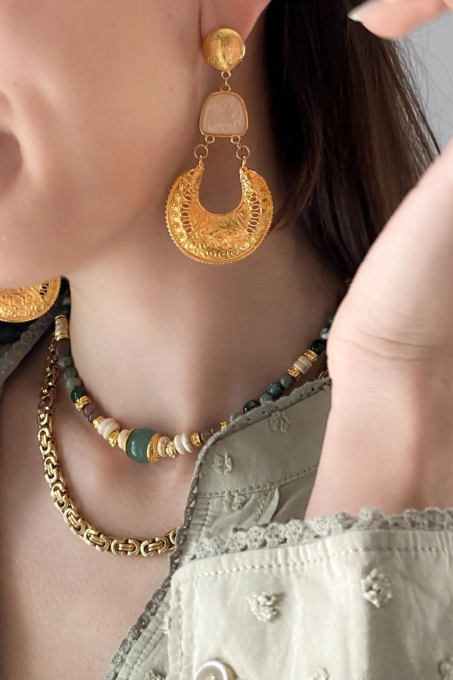 Gold Boho earrings, Oversized gold earrings, Chunky vintage style earrings, Ethnic big earrings, Statement bohemian earrings, Gift for her
