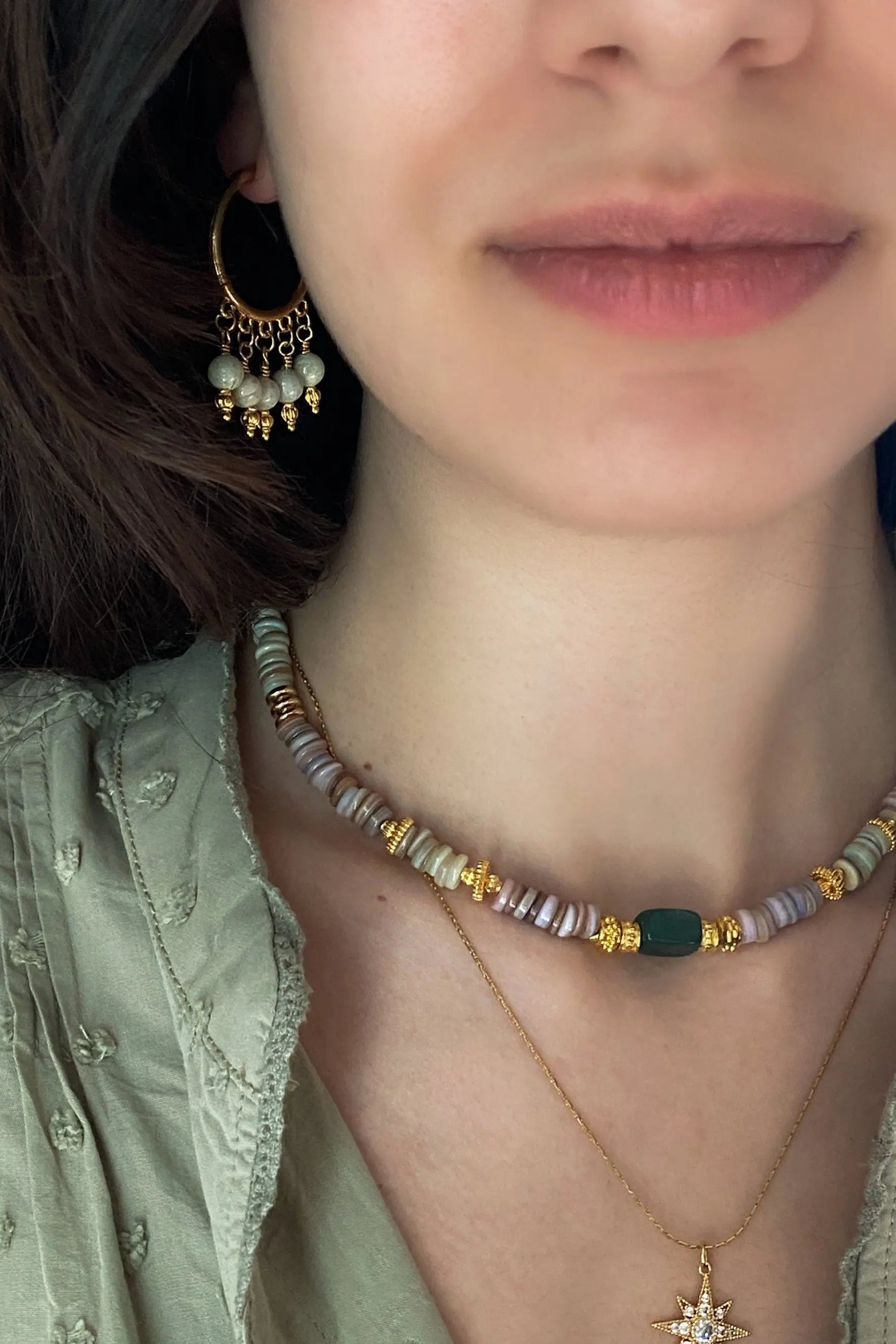 Heishi Necklace Shell Necklace Statement Boho Necklace Surfer Choker Serpentine Stone Necklace