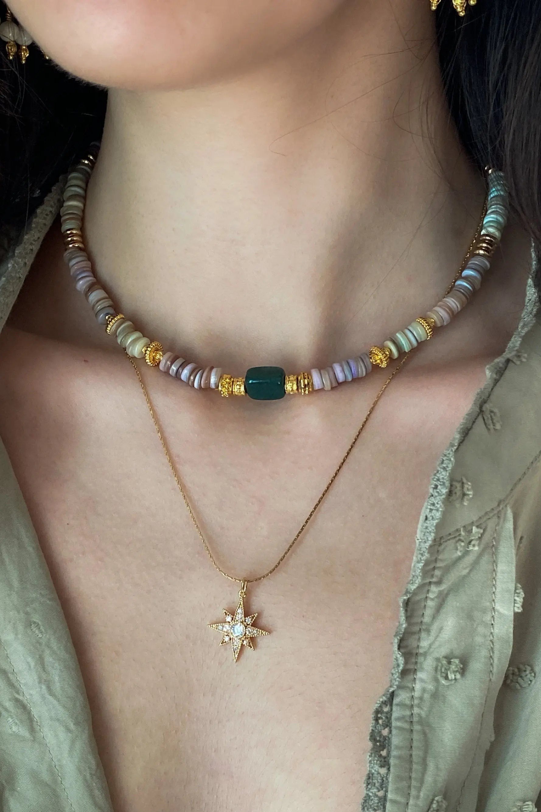 Heishi Necklace Shell Necklace Statement Boho Necklace Surfer Choker Serpentine Stone Necklace