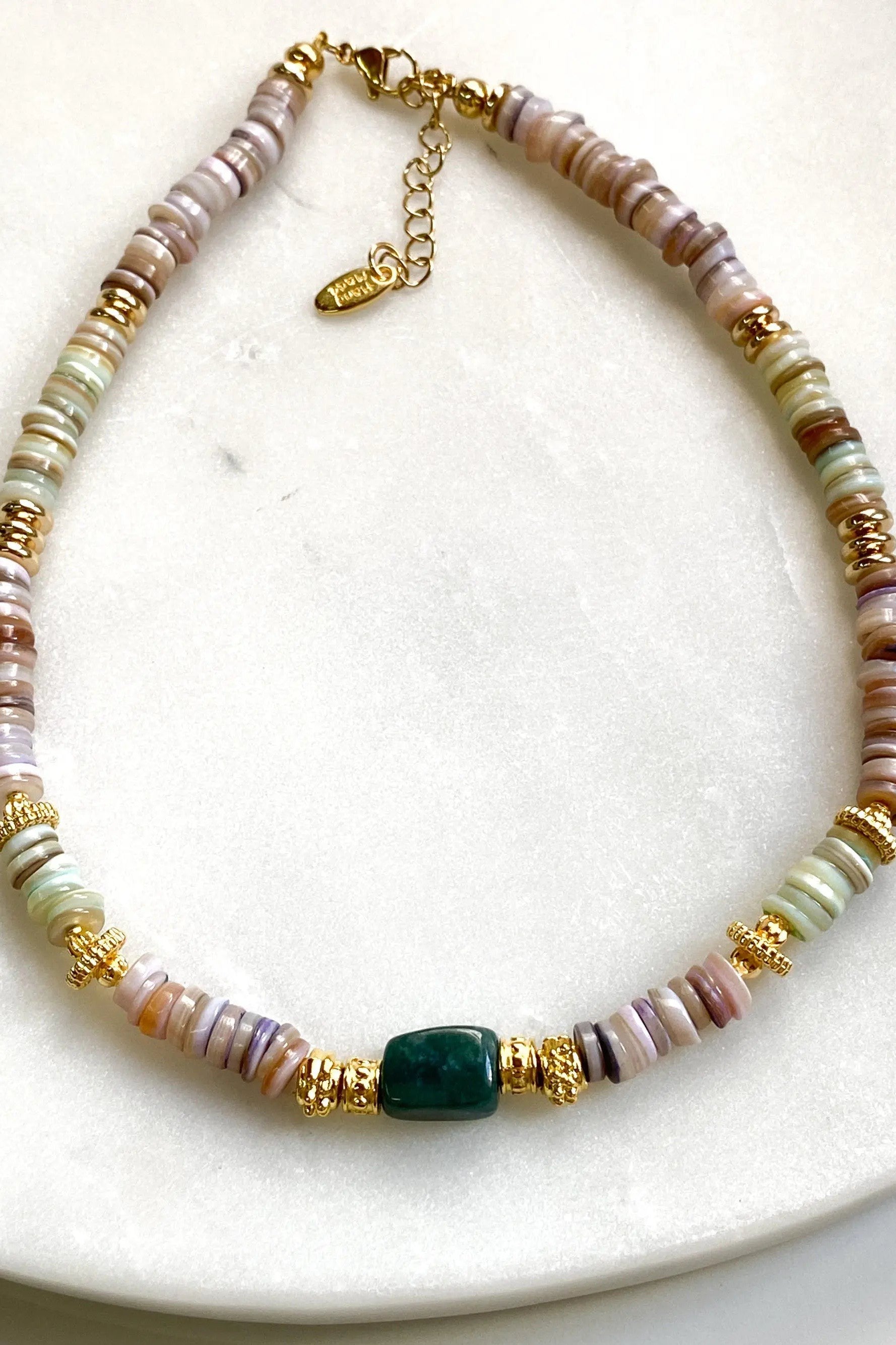 Heishi Necklace Shell Necklace Statement Boho Necklace Surfer Choker Serpentine Stone Necklace