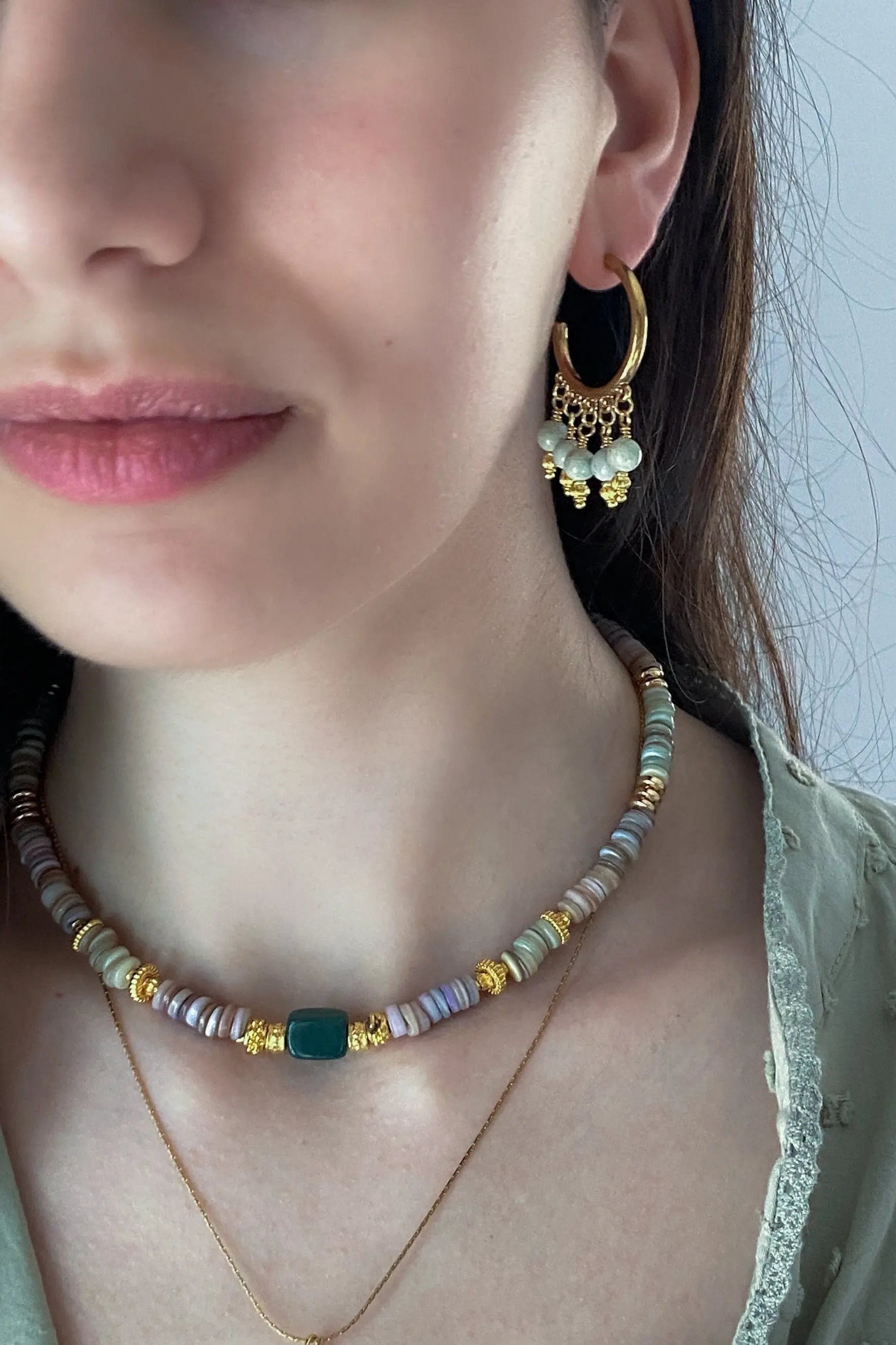 Heishi Necklace Shell Necklace Statement Boho Necklace Surfer Choker Serpentine Stone Necklace