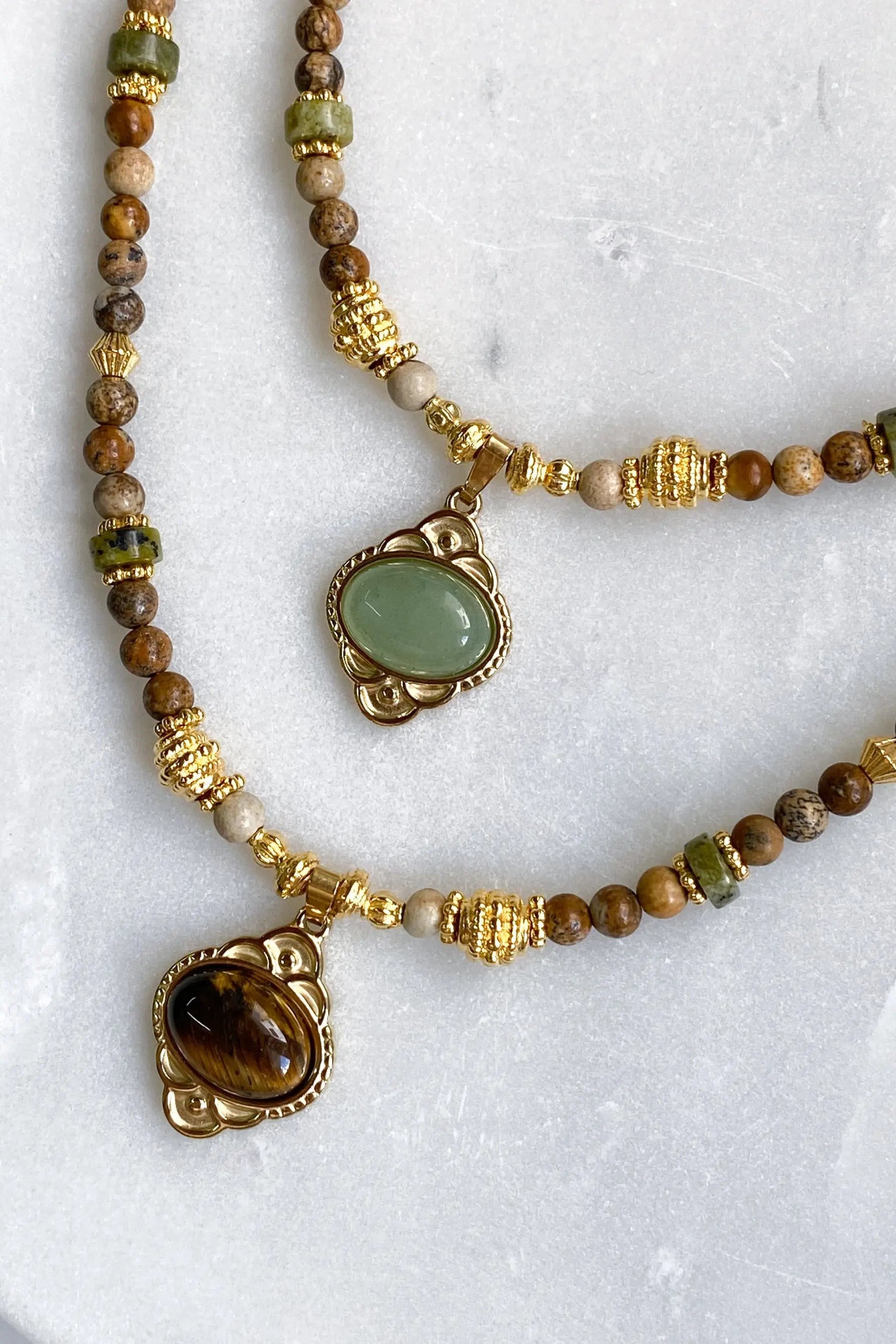 Heishi Necklace Jasper Bead Necklace Statement Boho Necklace Surfer Choker Green Agate Charm Necklace