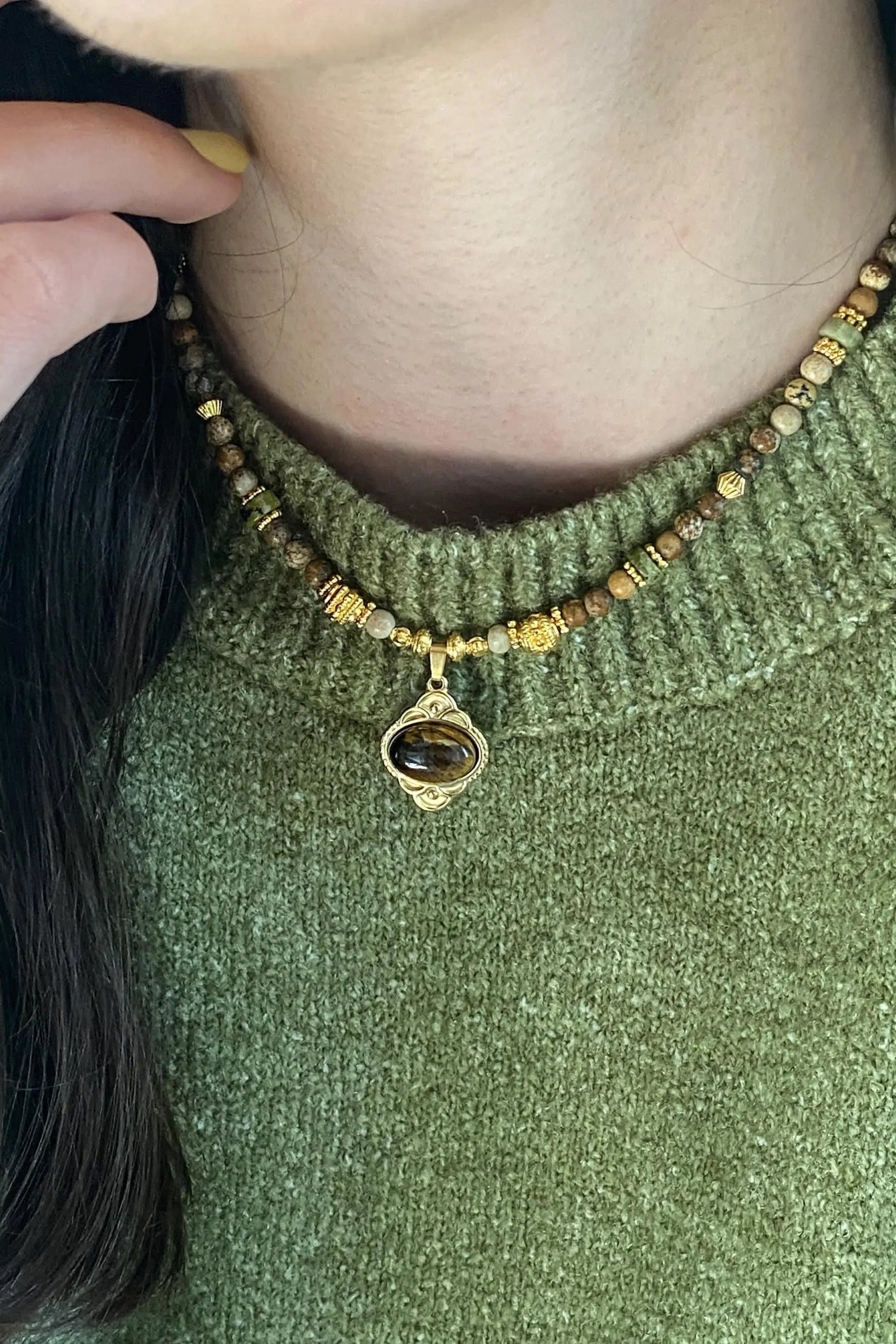 Heishi Necklace Jasper Bead Necklace Statement Boho Necklace Surfer Choker Green Agate Charm Necklace