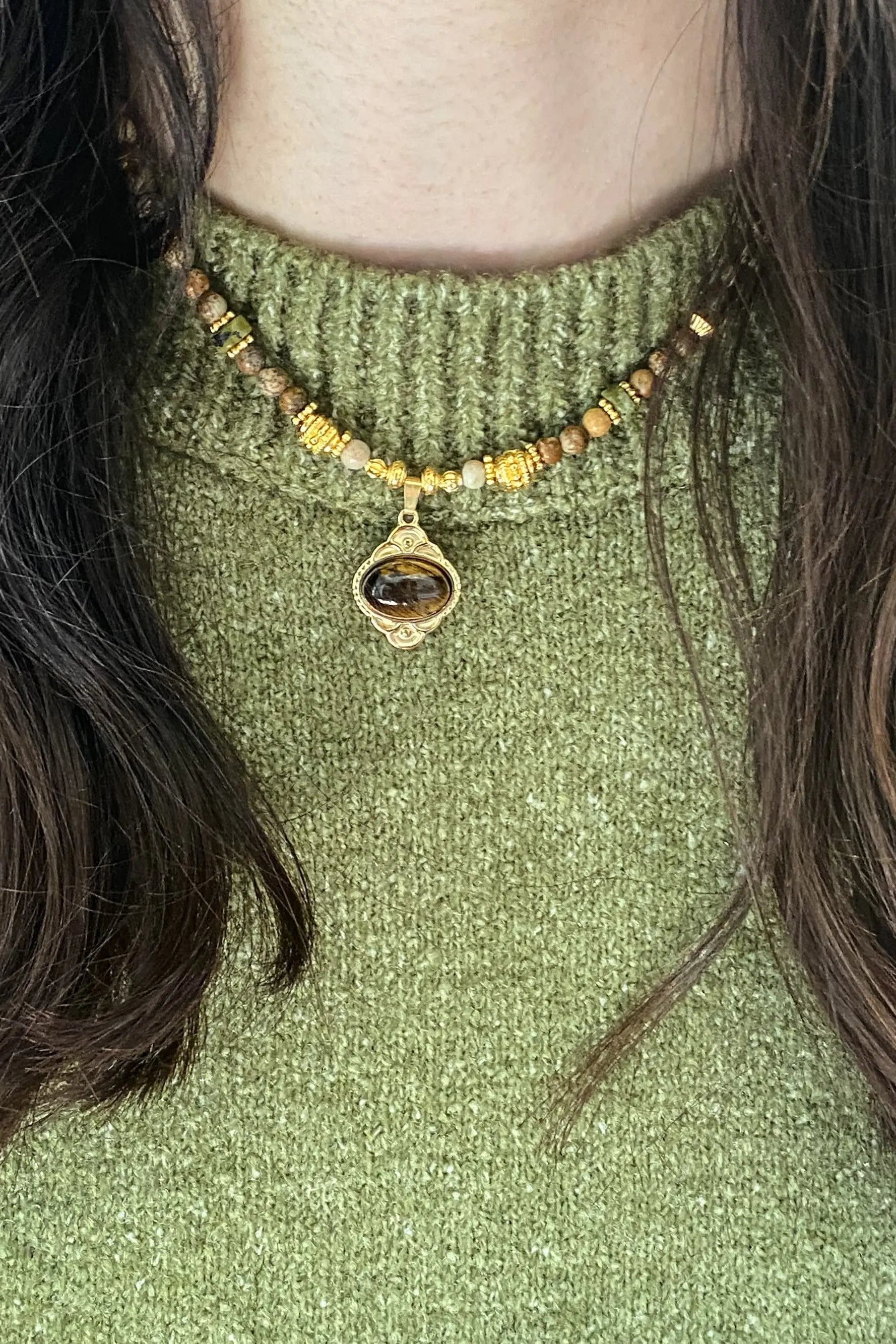 Heishi Necklace Jasper Bead Necklace Statement Boho Necklace Surfer Choker Green Agate Charm Necklace