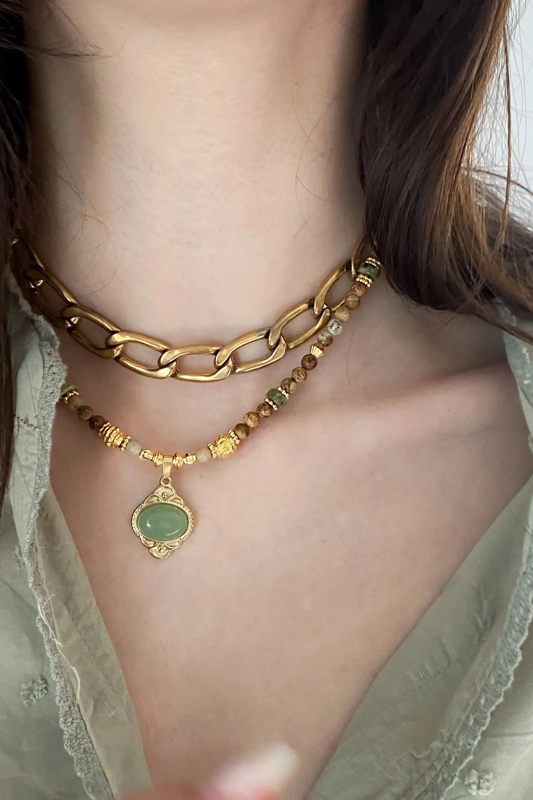 Heishi Necklace Jasper Bead Necklace Statement Boho Necklace Surfer Choker Green Agate Charm Necklace