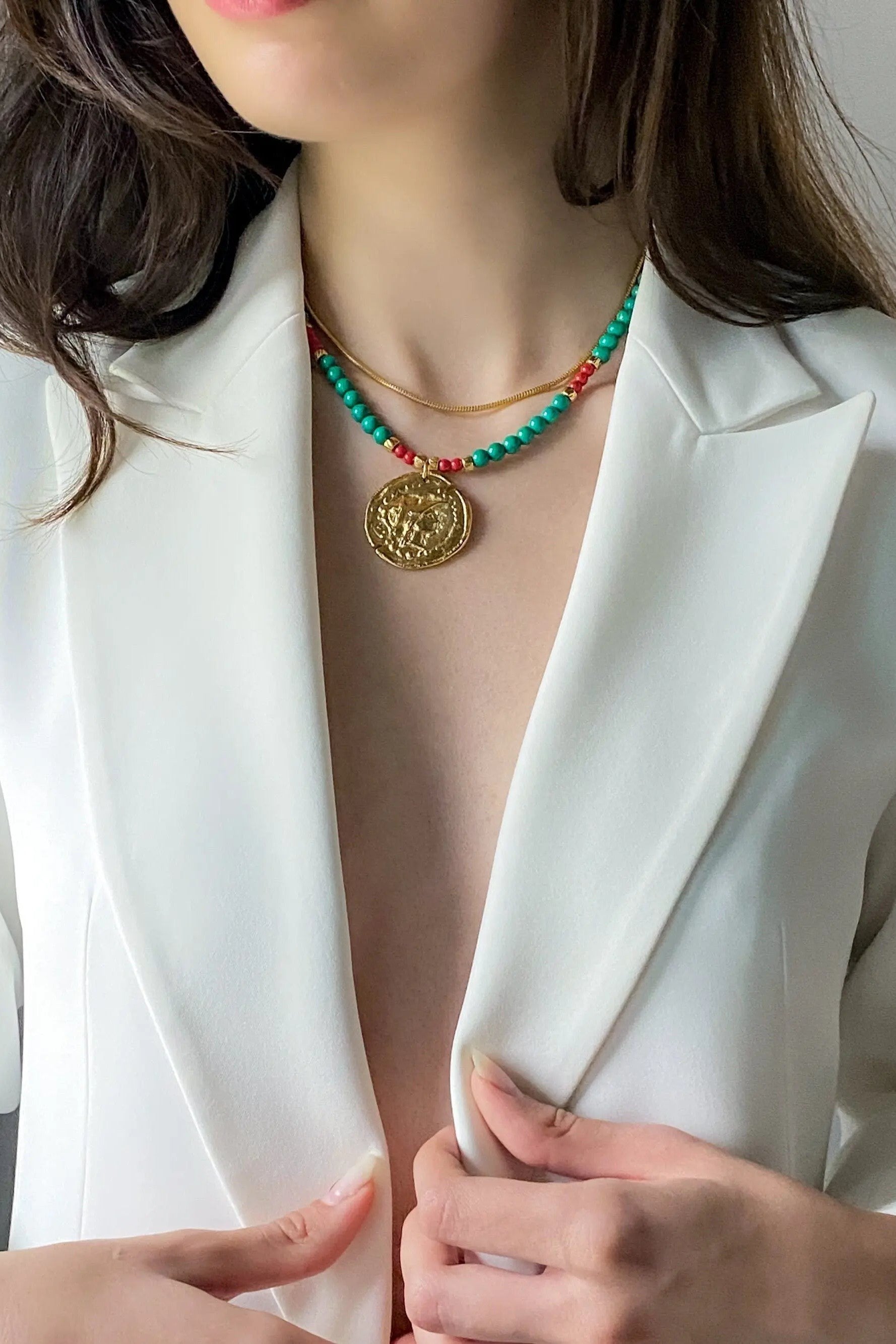 Big Gold Coin Necklace Gemstone Bead Necklace Oversize Charm Necklace Statement Necklace Chunky Greek Coin Gift for Her