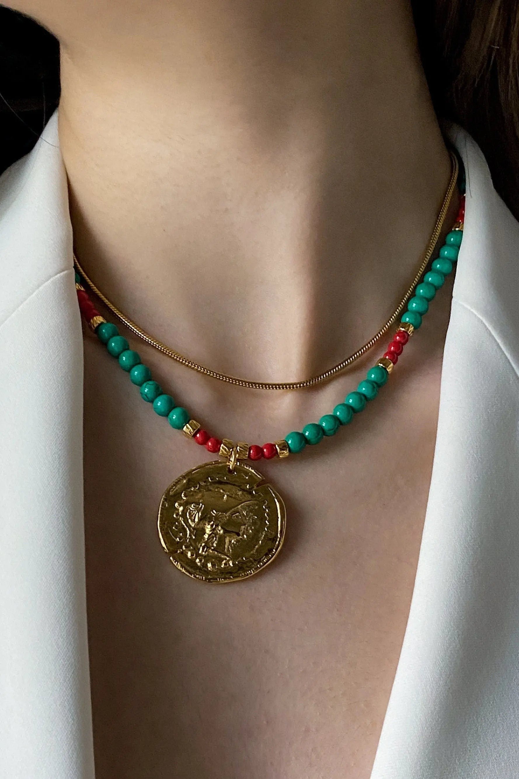 Big Gold Coin Necklace Gemstone Bead Necklace Oversize Charm Necklace Statement Necklace Chunky Greek Coin Gift for Her