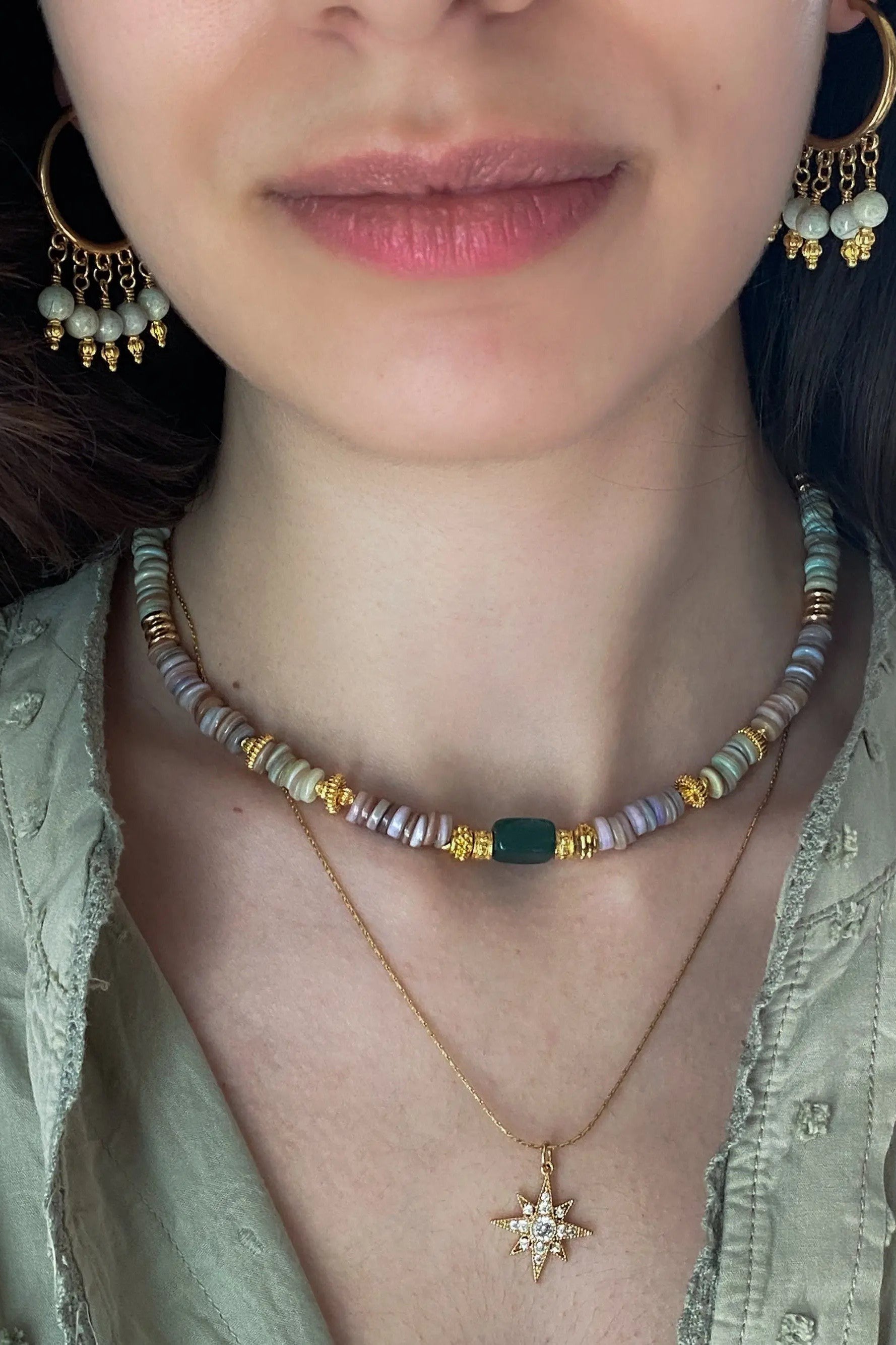 Heishi Necklace Shell Necklace Statement Boho Necklace Surfer Choker Serpentine Stone Necklace