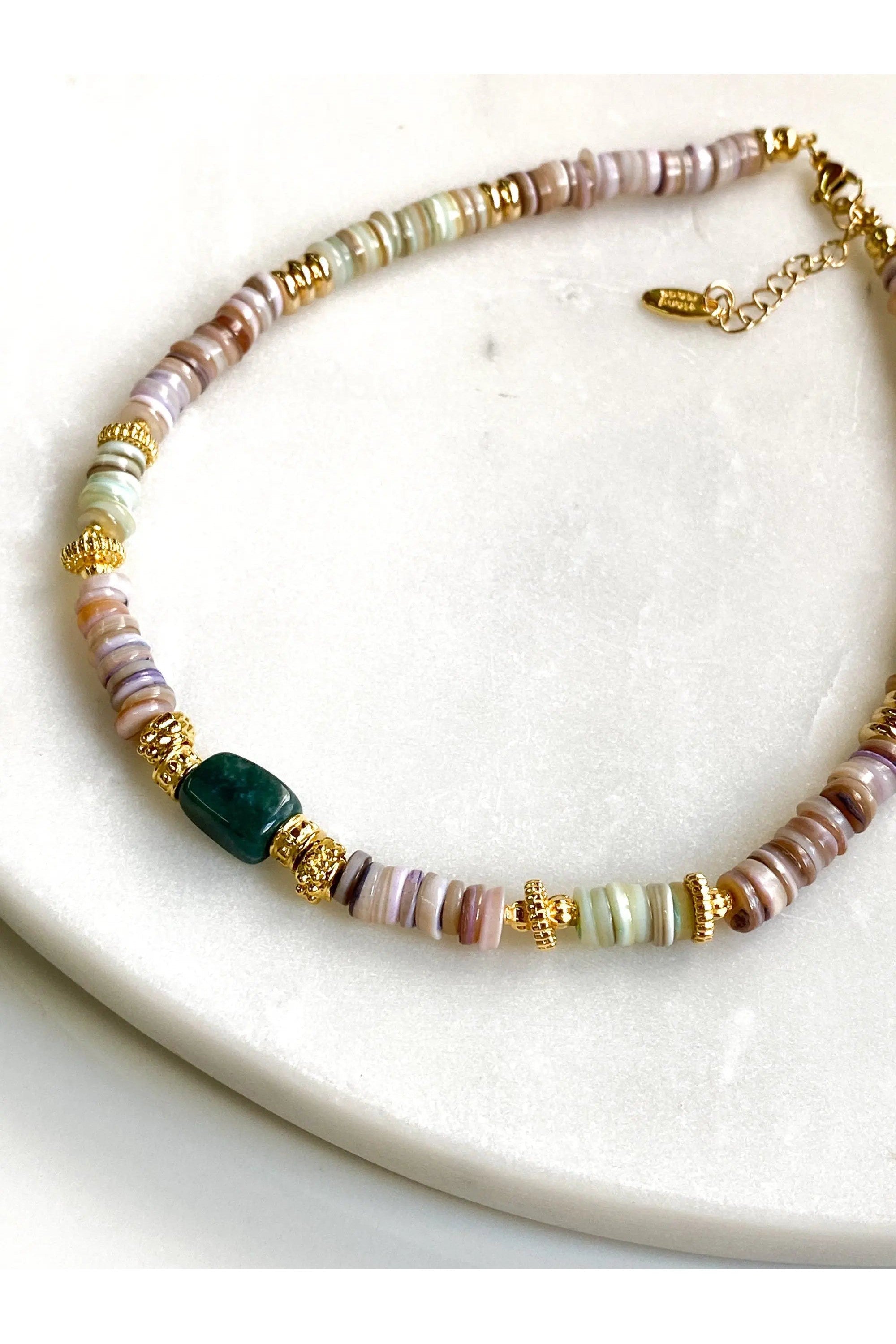 Heishi Necklace Shell Necklace Statement Boho Necklace Surfer Choker Serpentine Stone Necklace