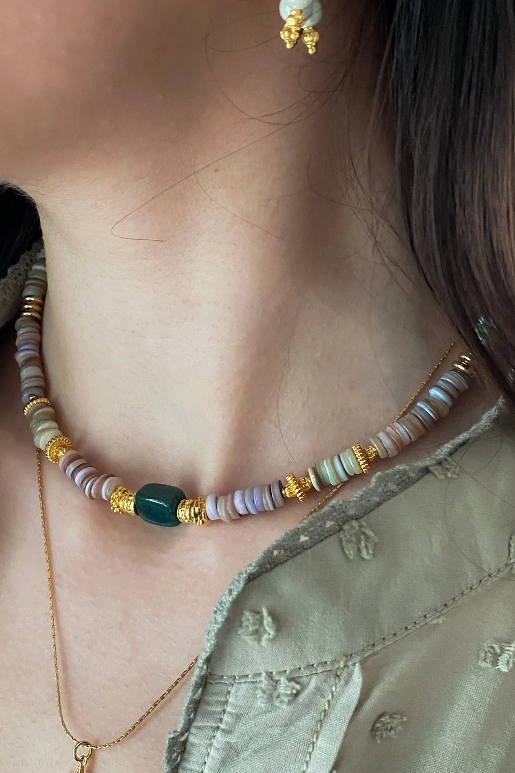 Heishi Necklace Shell Necklace Statement Boho Necklace Surfer Choker Serpentine Stone Necklace