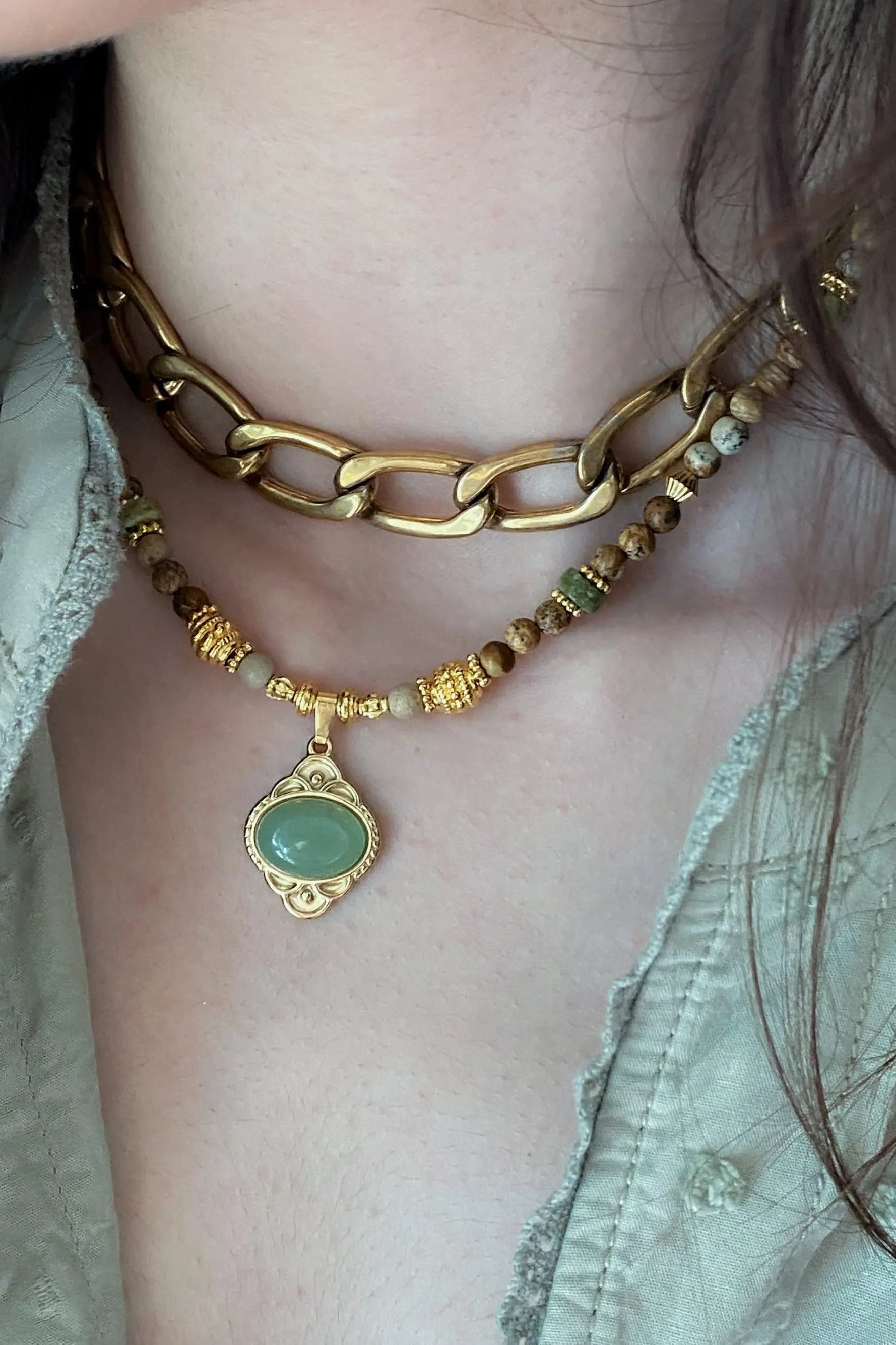Heishi Necklace Jasper Bead Necklace Statement Boho Necklace Surfer Choker Green Agate Charm Necklace
