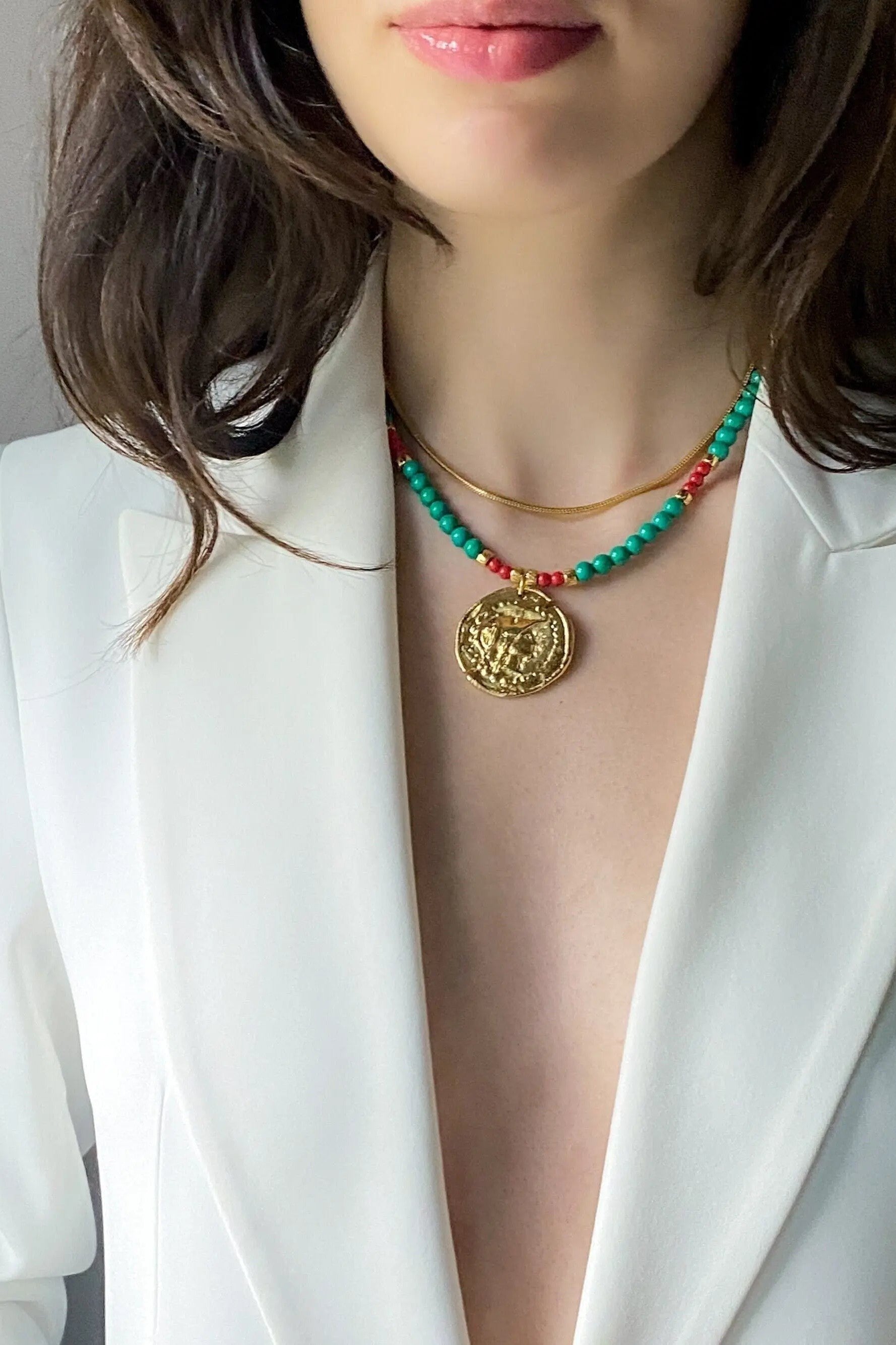 Big Gold Coin Necklace Gemstone Bead Necklace Oversize Charm Necklace Statement Necklace Chunky Greek Coin Gift for Her